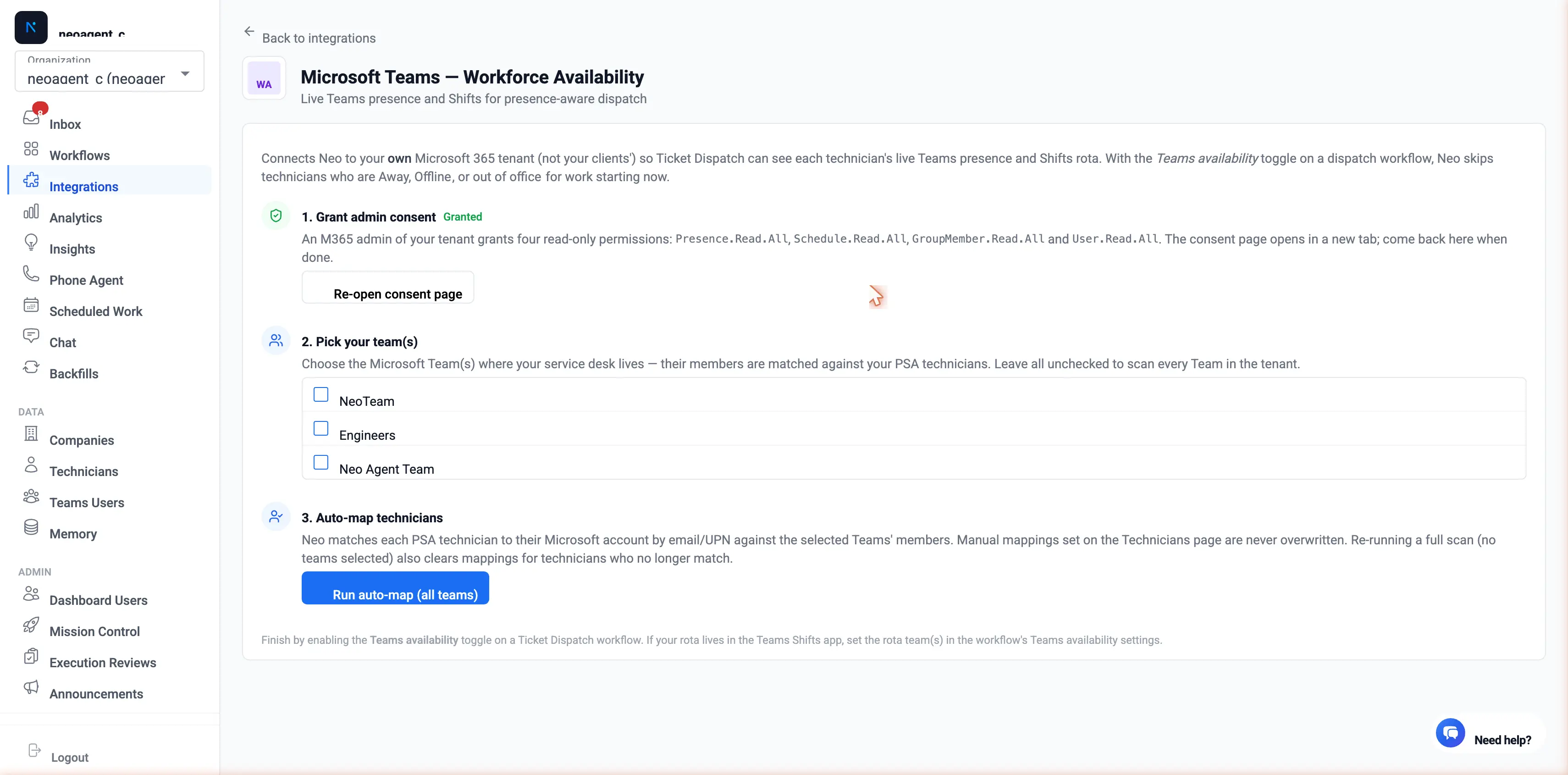 The Microsoft Teams Workforce Availability connect panel showing the three setup steps: Grant admin consent (marked Granted), Pick your team(s) with checkboxes, and Run auto-map.