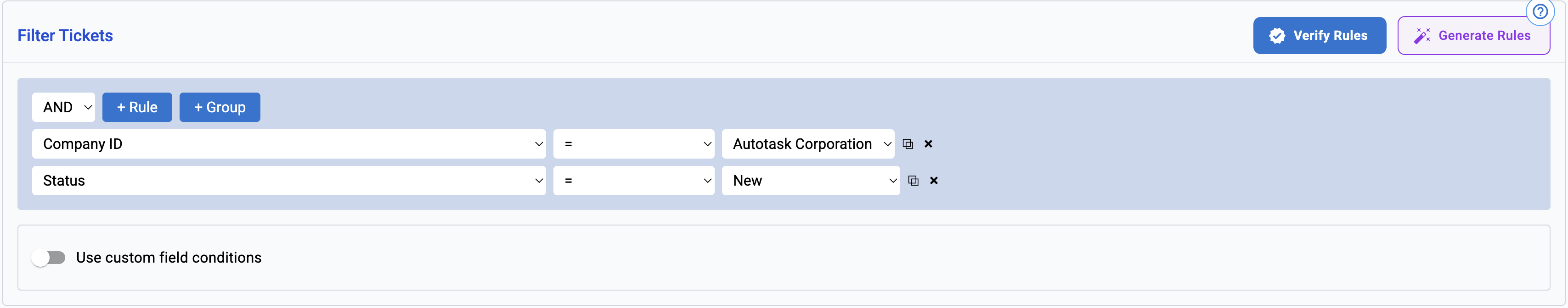Deterministic filter configuration for tickets