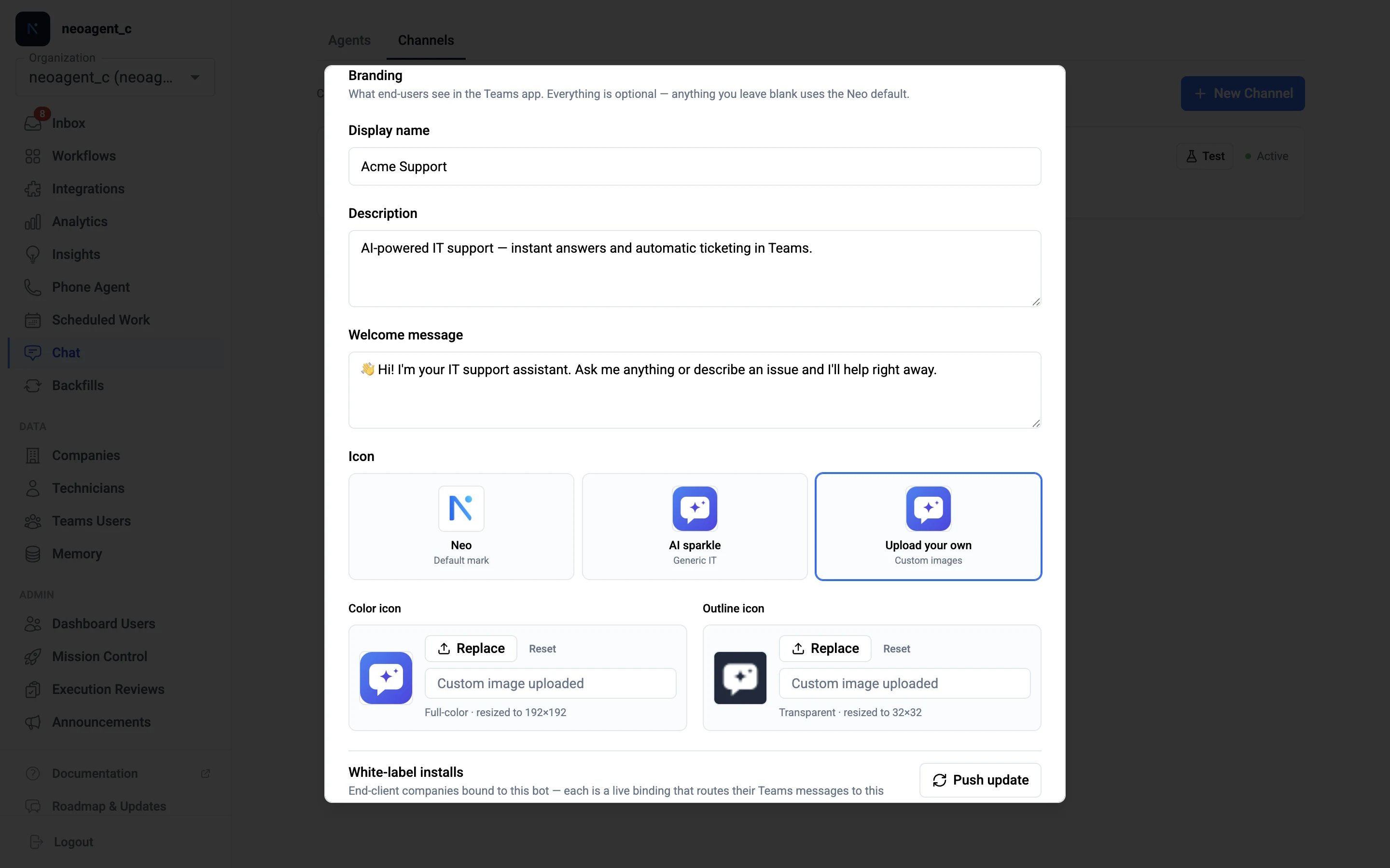 The Branding section of a channel's edit dialog — display name, description, welcome message, and the color and outline icon pickers with live previews