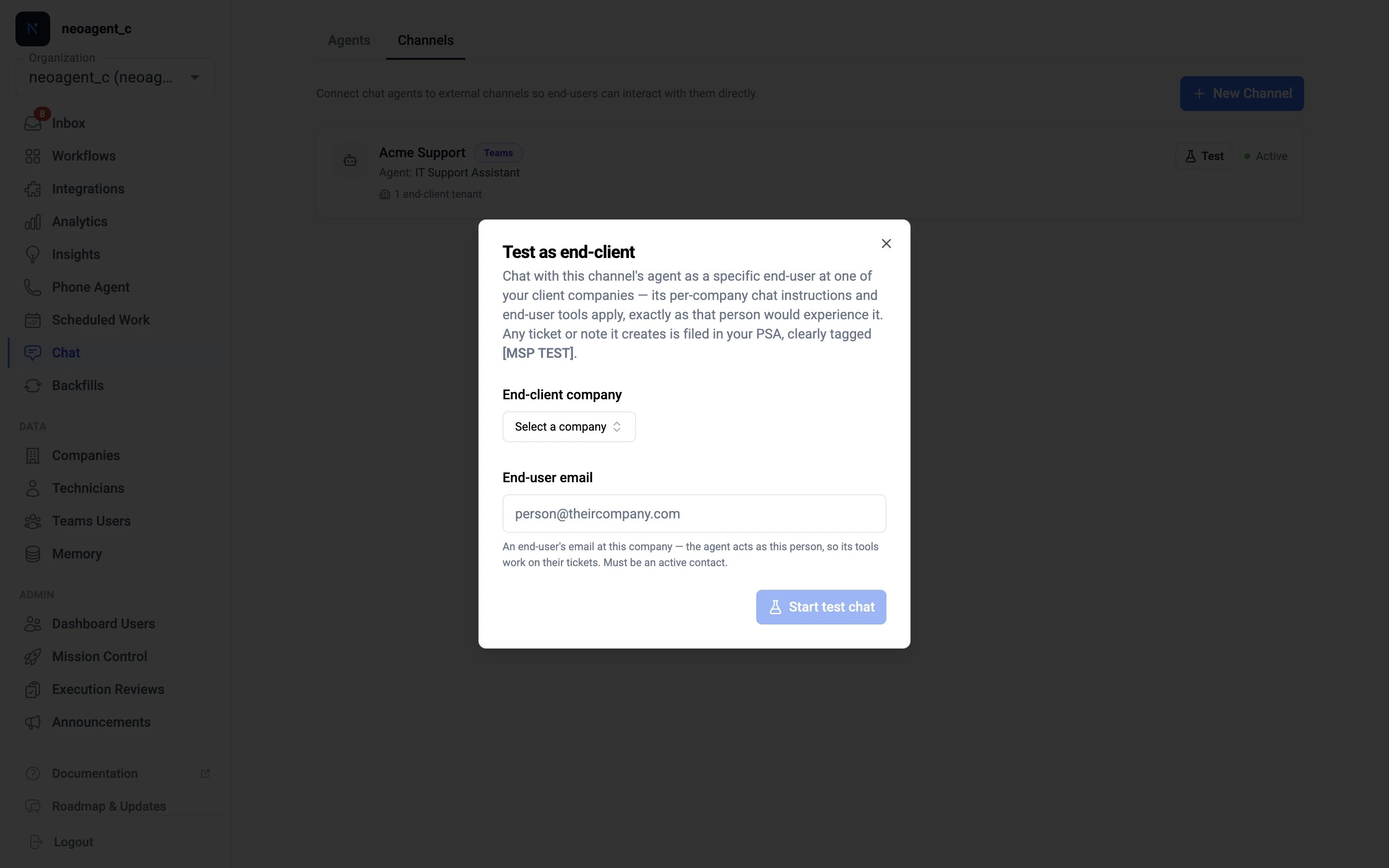 The Test as end-client dialog — pick an end-client company and an end-user email to chat with the agent exactly as that person would