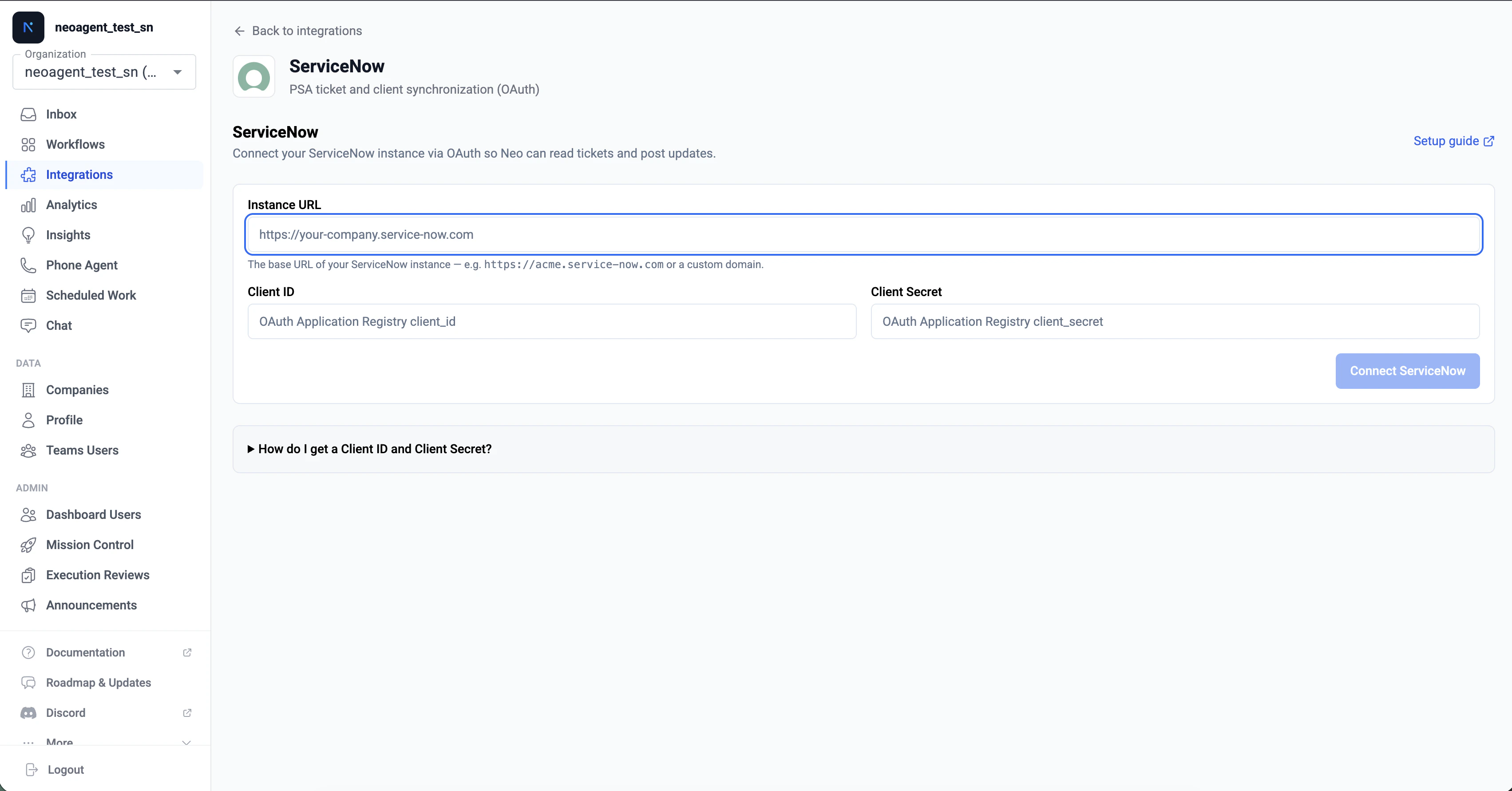 ServiceNow connect form with instance URL, client ID, client secret