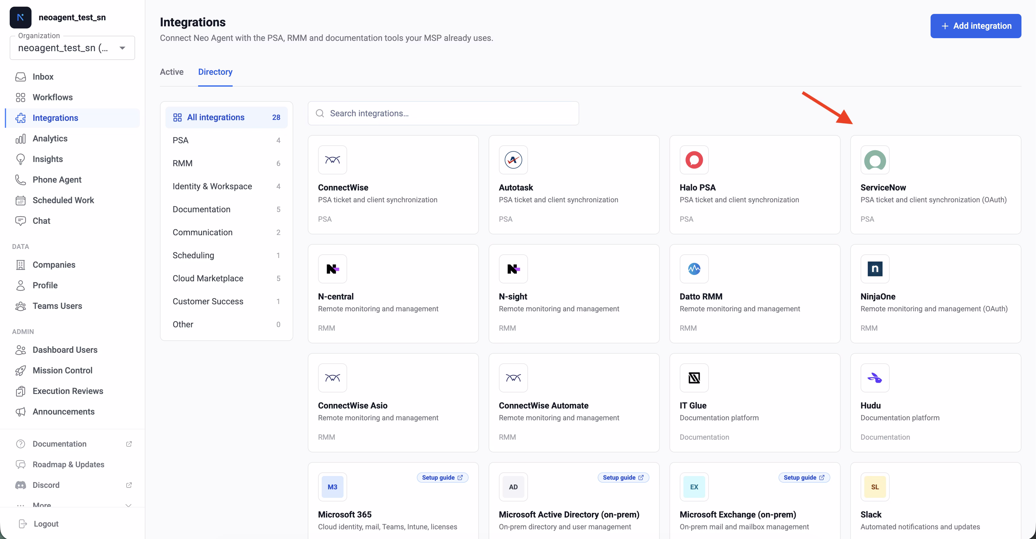 Neo Agent integrations directory with ServiceNow tile