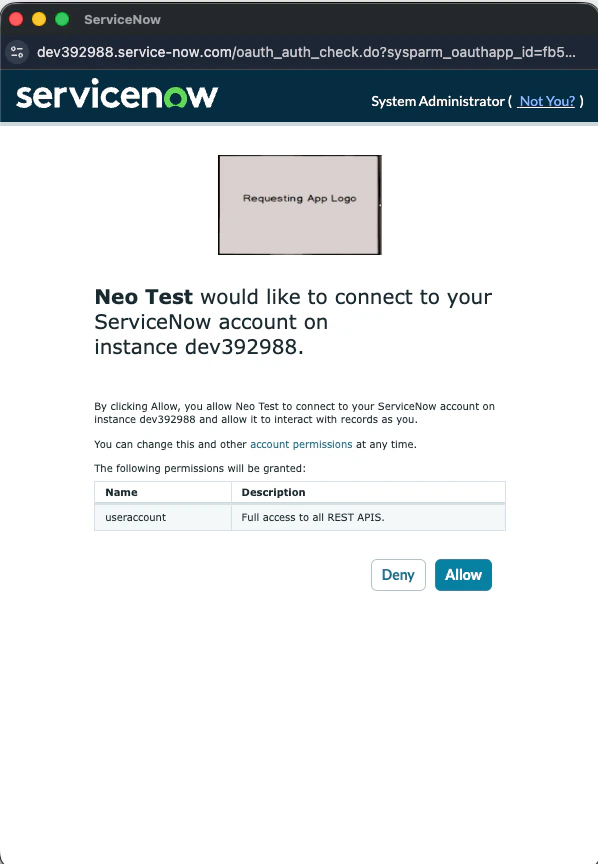 ServiceNow OAuth consent screen for Neo Agent