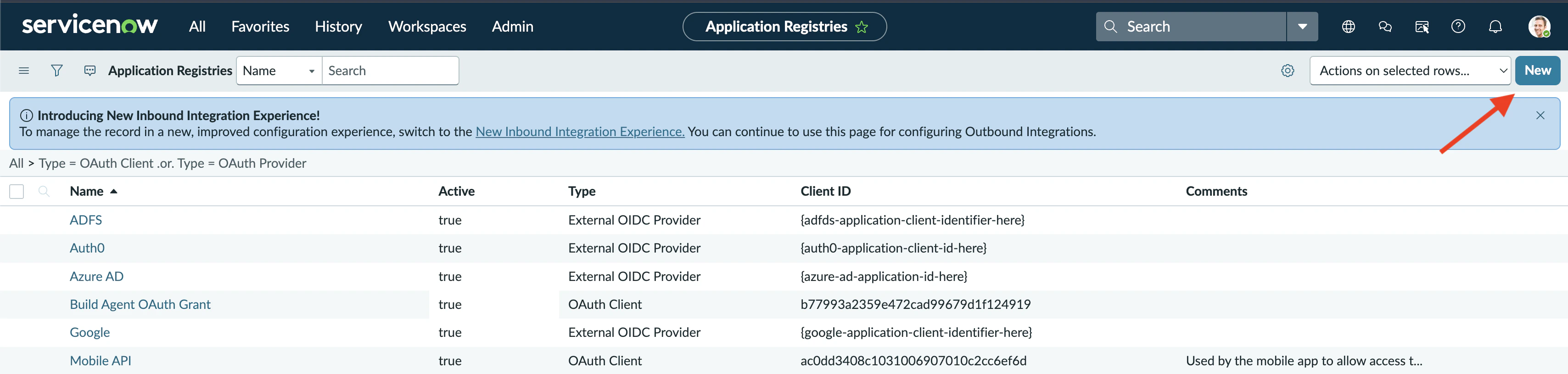Application Registry list page