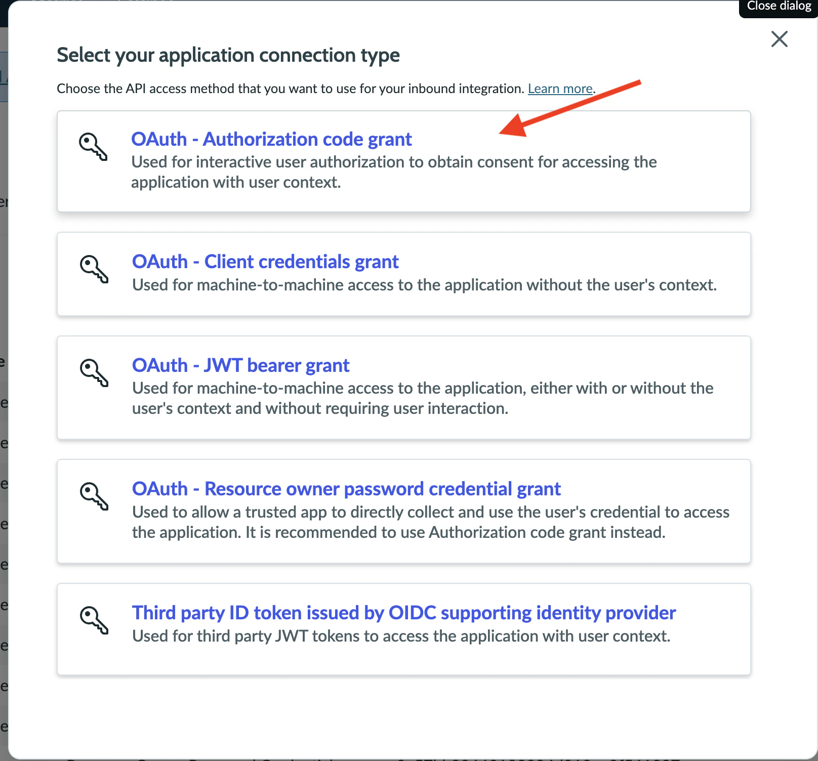 OAuth application connection type selector