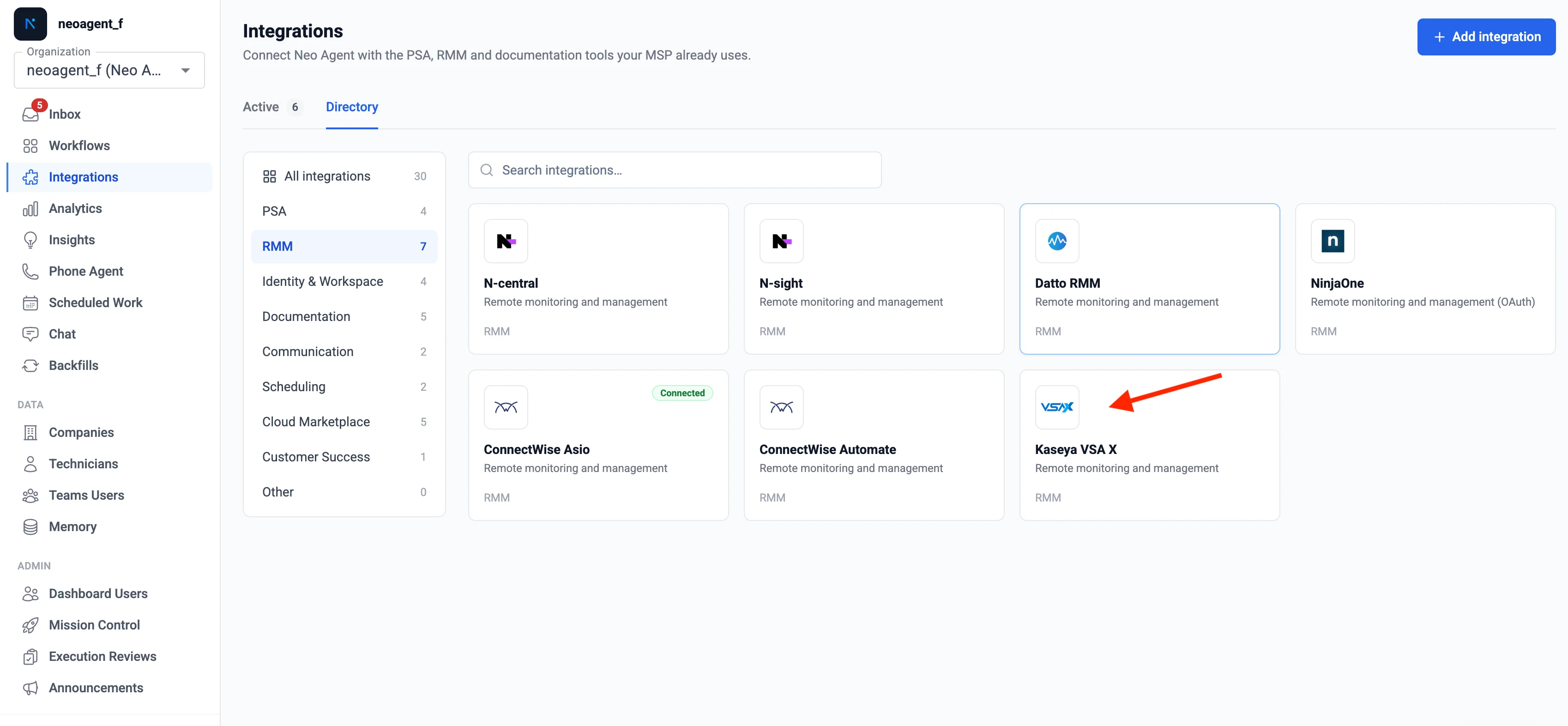 Neo Agent dashboard Integrations page with RMM tab selected and Kaseya VSA X tile visible