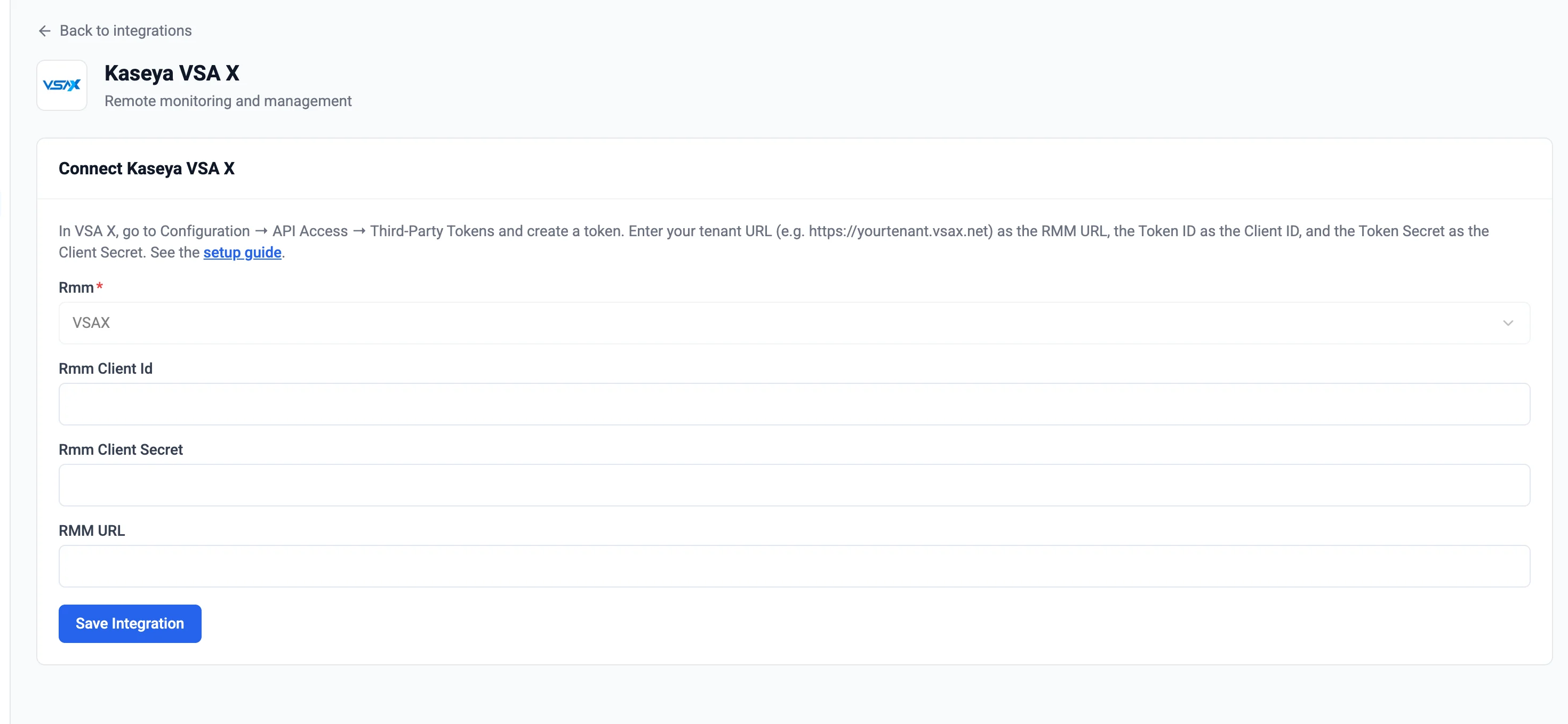 Neo Agent Kaseya VSA X Integration Setup form showing URL, Client Id, and Client Secret fields