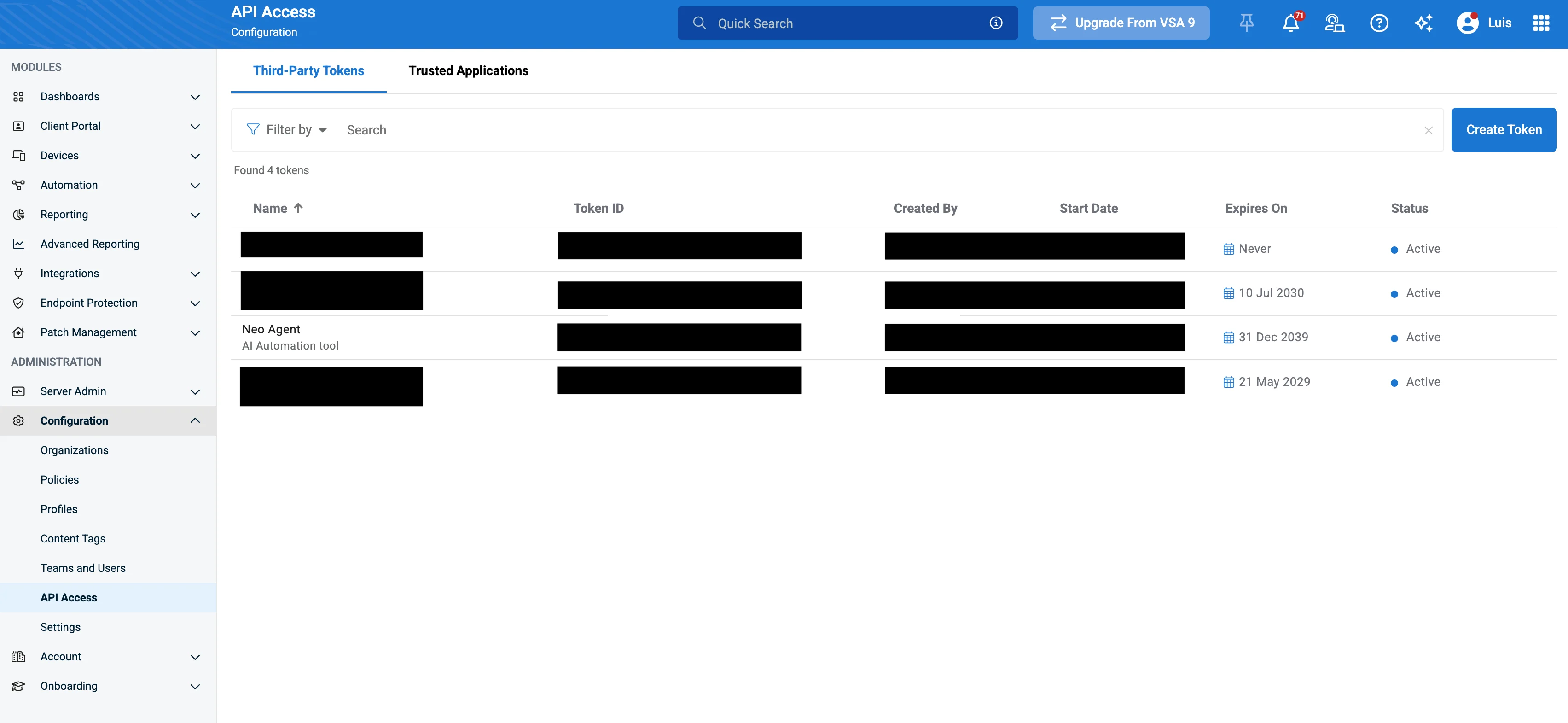 VSA X Configuration → API Access → Third-Party Tokens page with the Create Token button