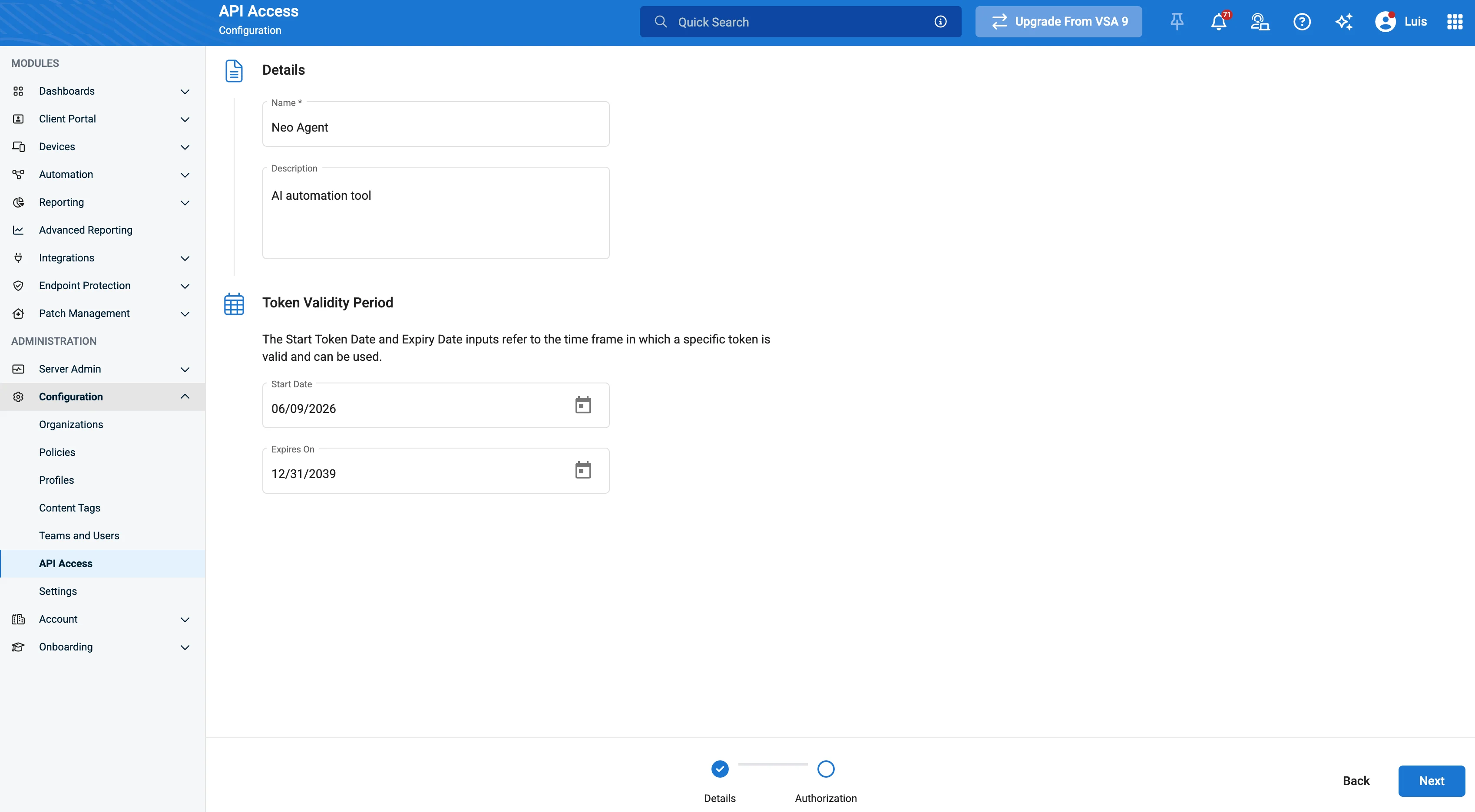 VSA X Create Token details form with name, description, expiry, and IP allowlist fields