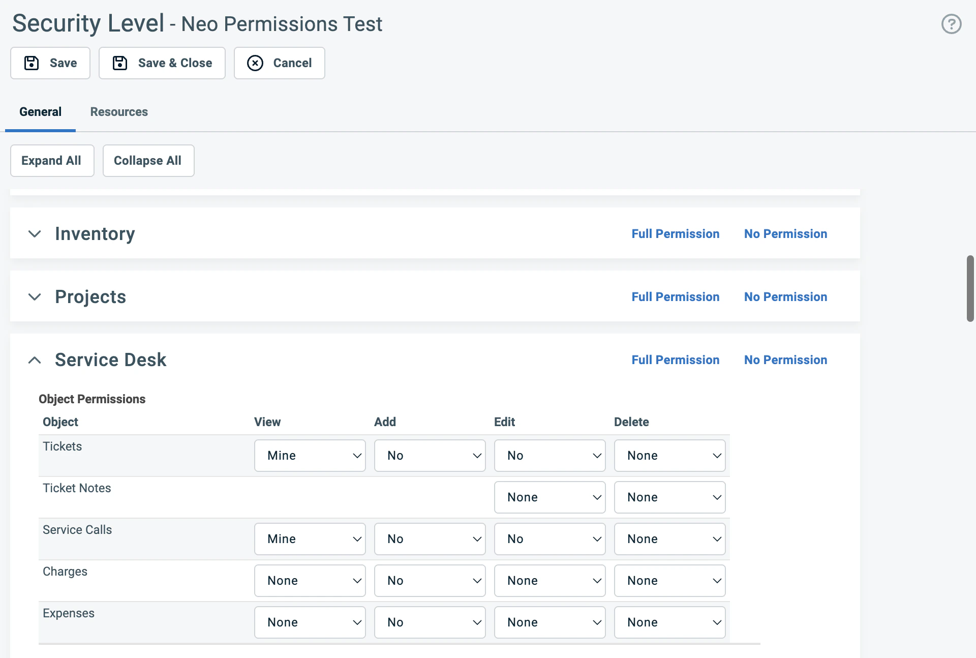 Service Desk section expanded showing Full Permission link and Object Permissions dropdowns