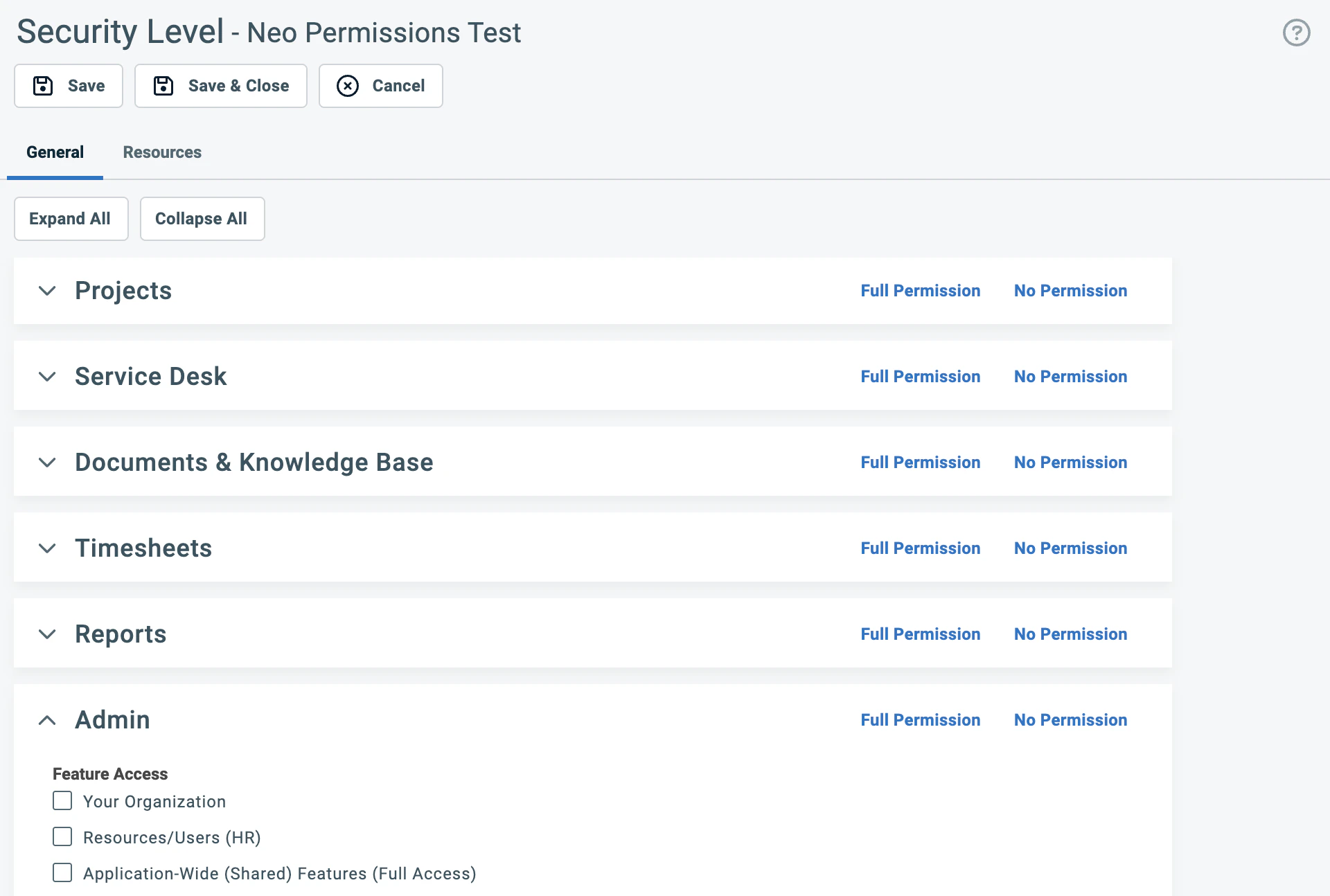 Security level editor showing collapsible sections with Full Permission links
