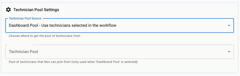 Technician Pool Settings showing the pool source dropdown