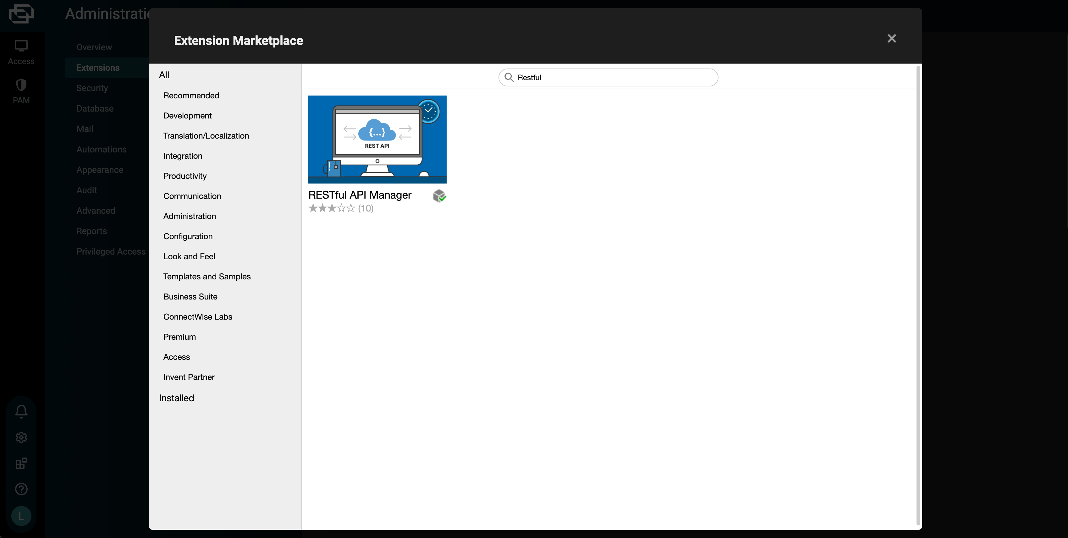 ScreenConnect Extension Marketplace showing the RESTful API Manager extension matching a search for Restful