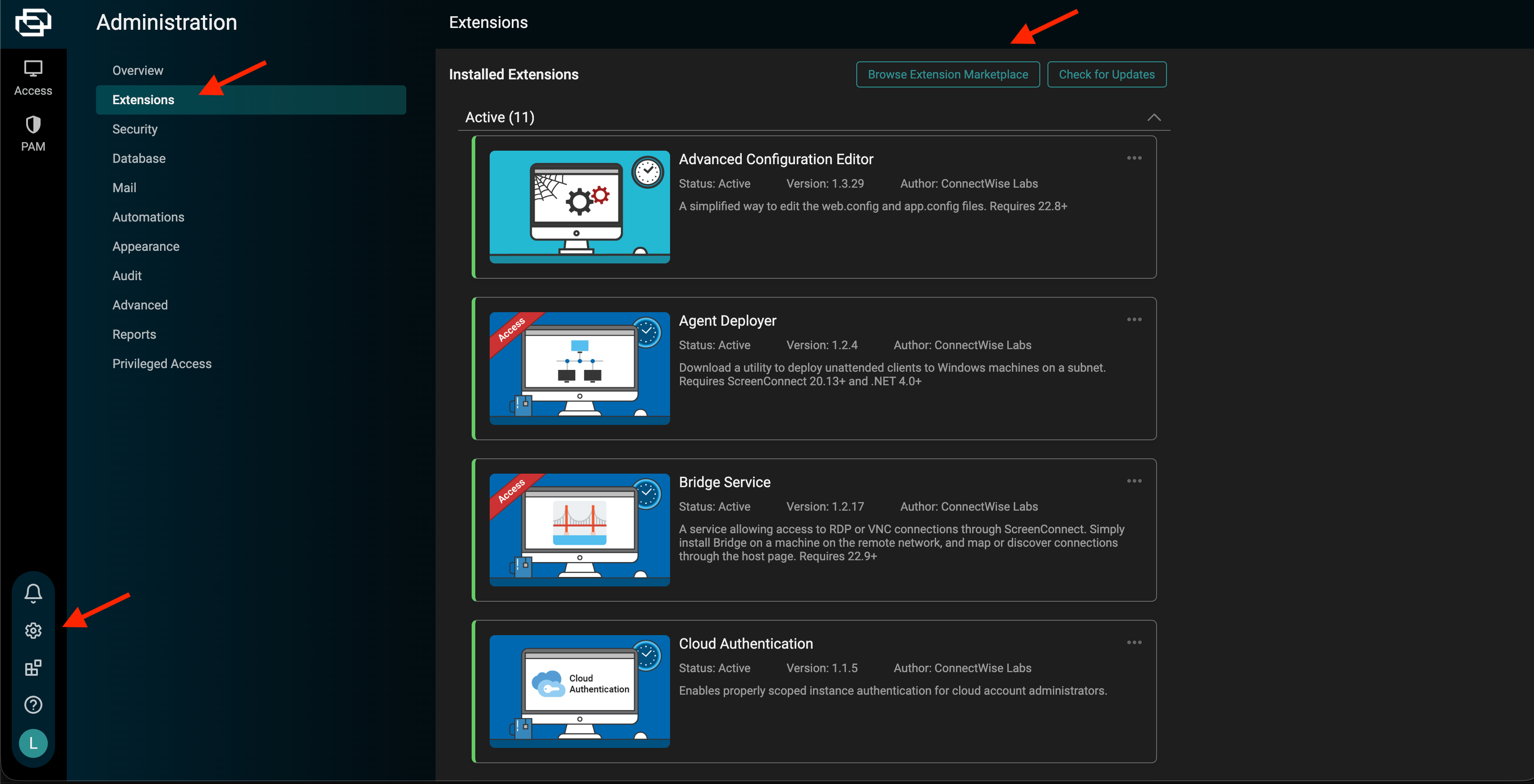 ScreenConnect Administration page with the Extensions section selected and the Browse Extension Marketplace button highlighted