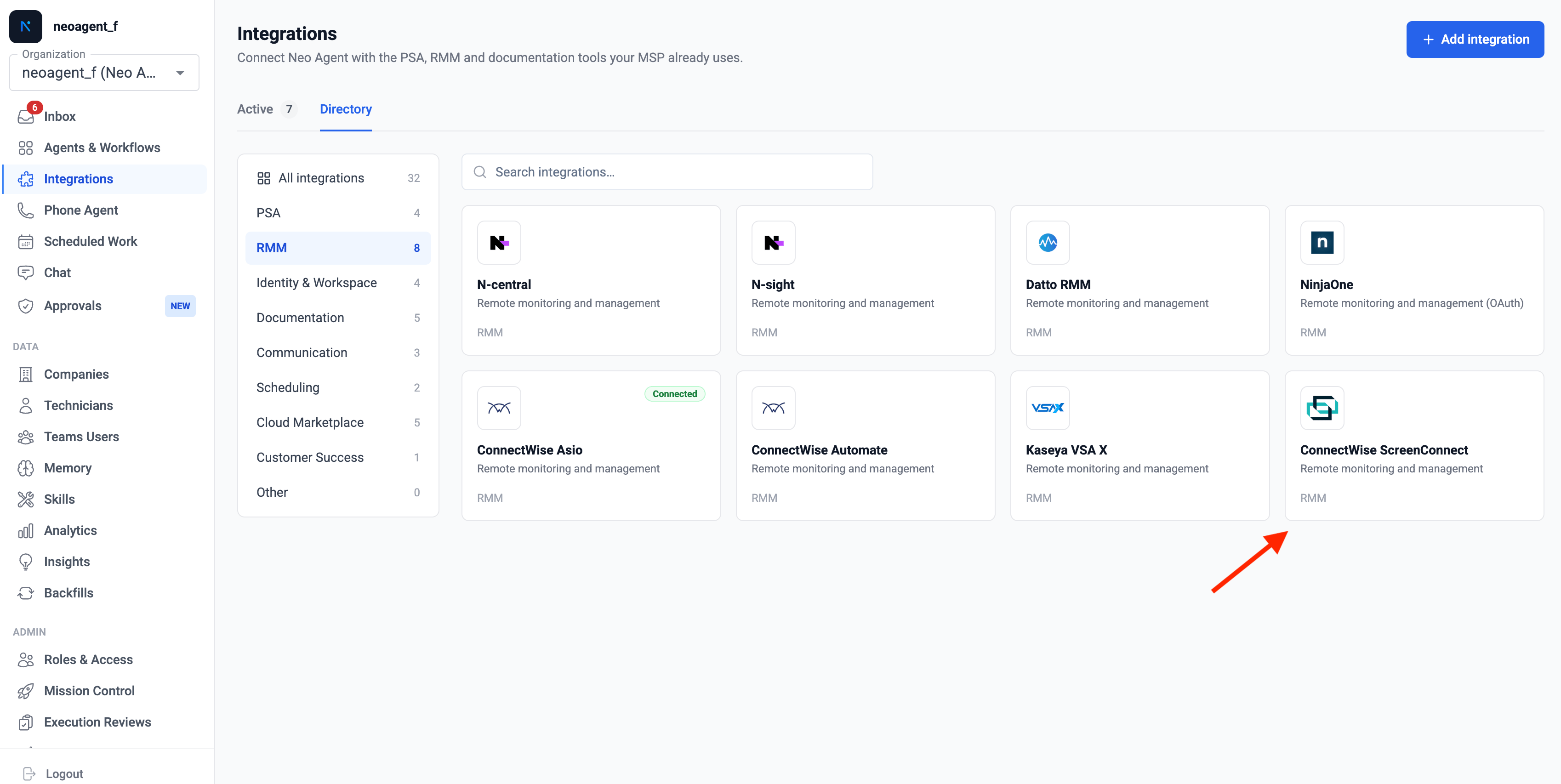 Neo Agent Integrations page showing the RMM category with the ConnectWise ScreenConnect tile