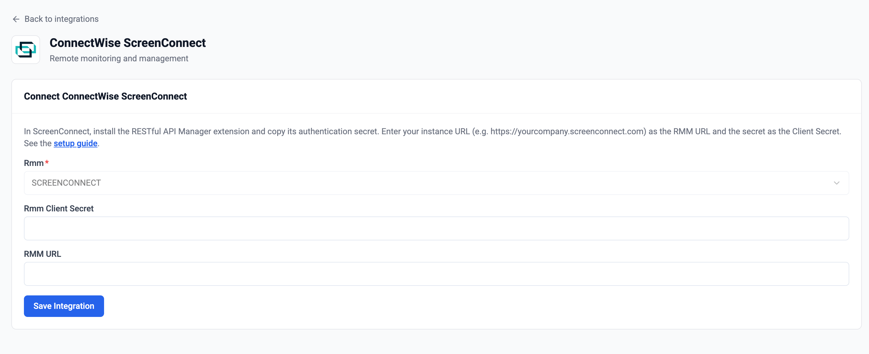 Neo Agent ConnectWise ScreenConnect setup form showing the RMM URL and RMM Client Secret fields