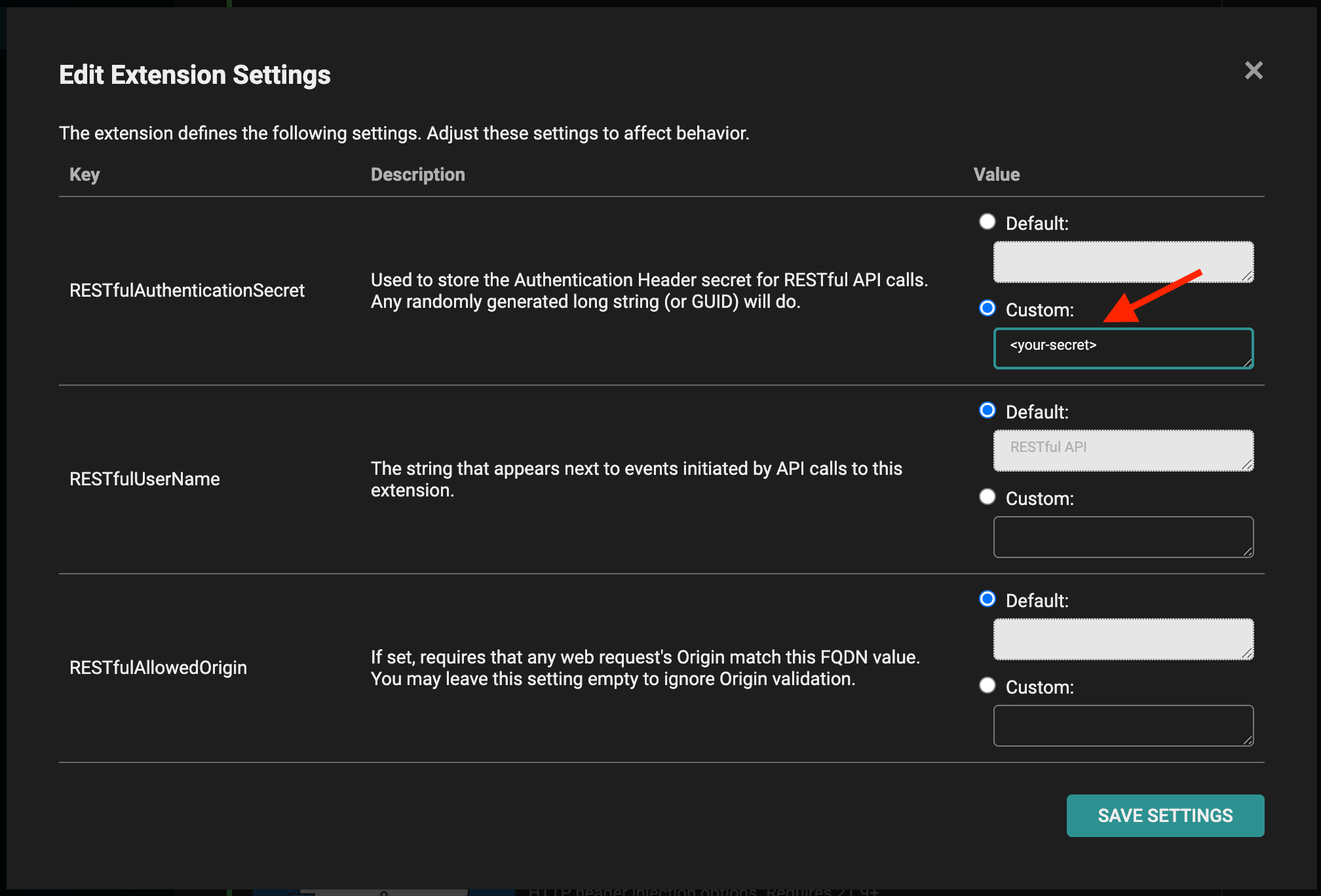 Edit Extension Settings dialog with RESTfulAuthenticationSecret set to a custom value