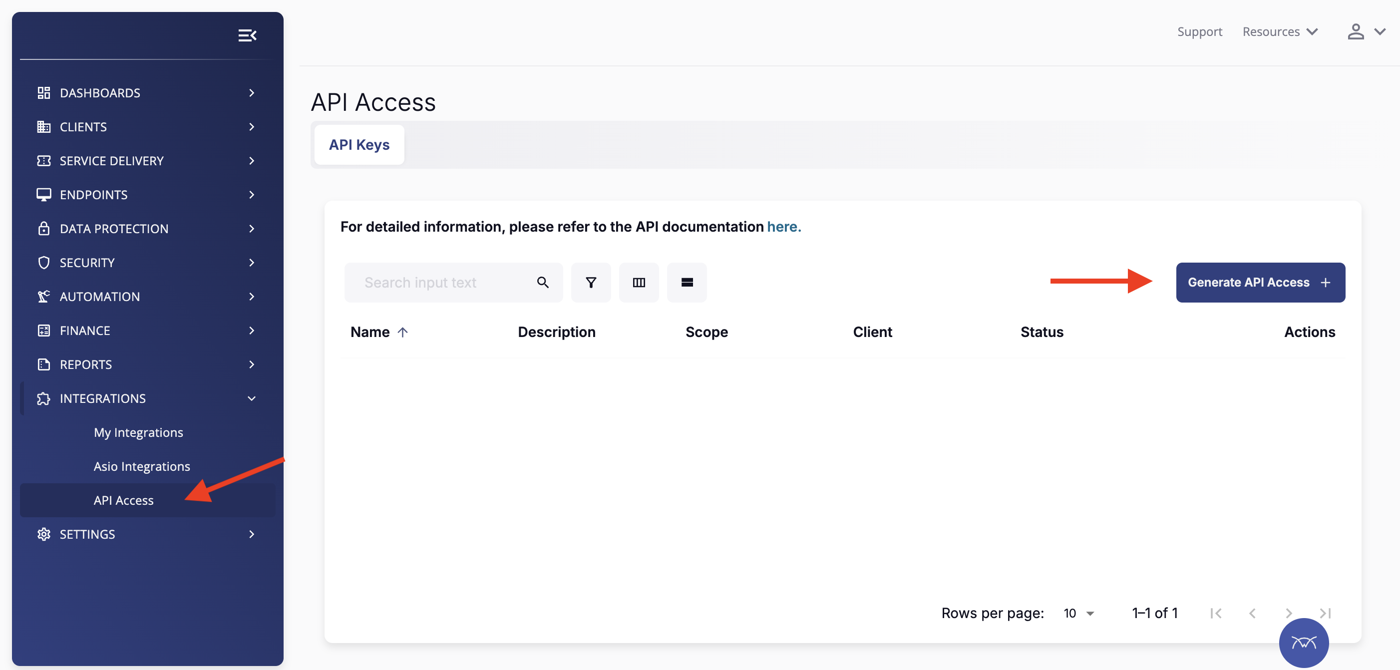 ConnectWise Asio navigation showing Integrations menu expanded with API Access option highlighted