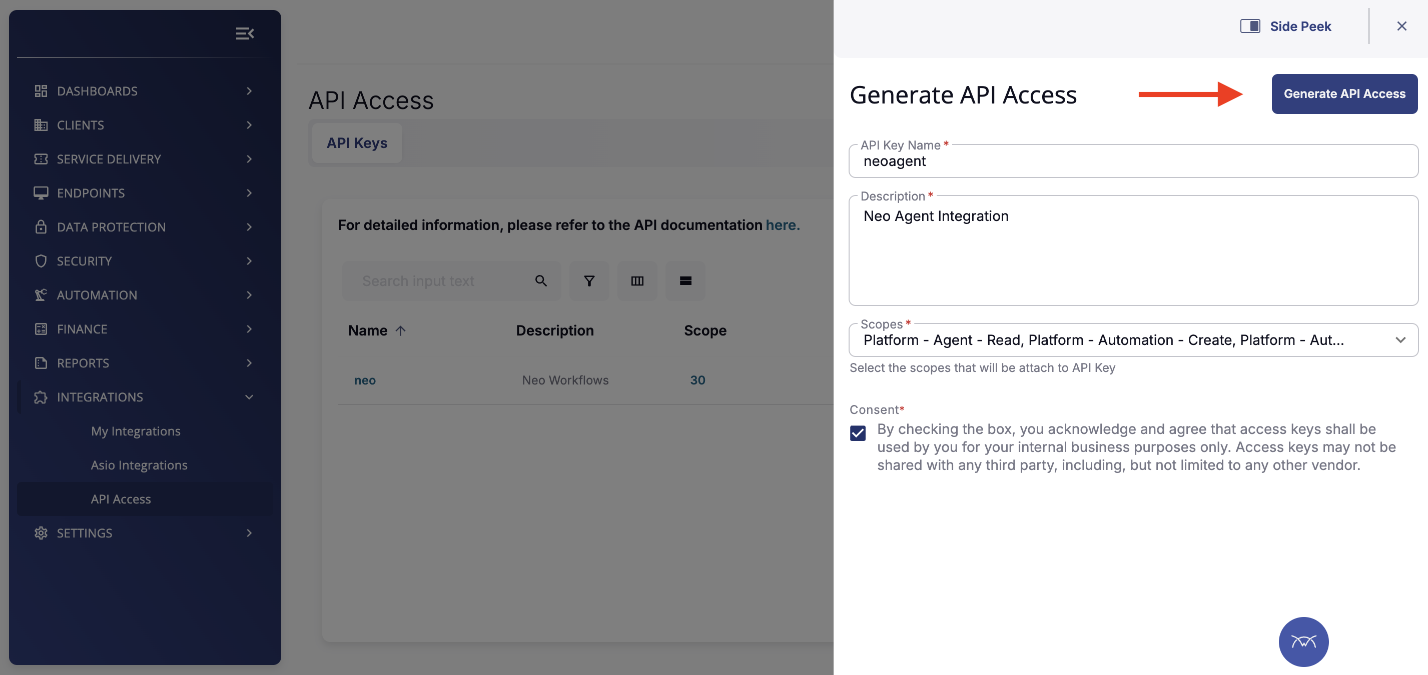Generate API Access form showing API Key Name, Description, Scopes dropdown, and Consent checkbox