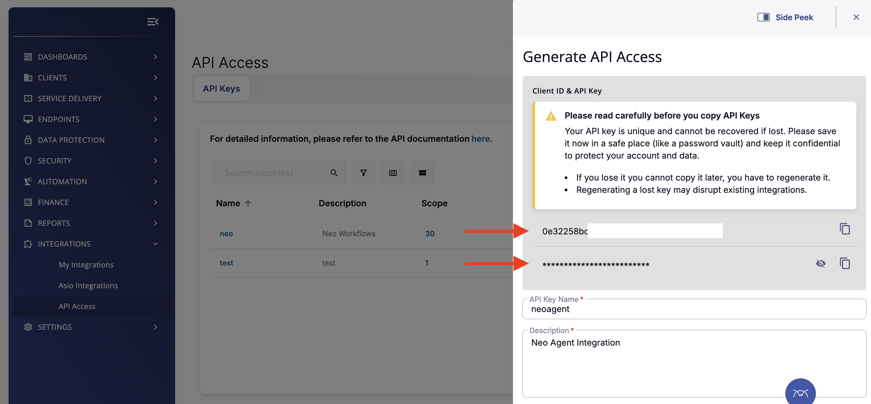 Generated API Access panel showing Client ID and Client Secret with copy buttons