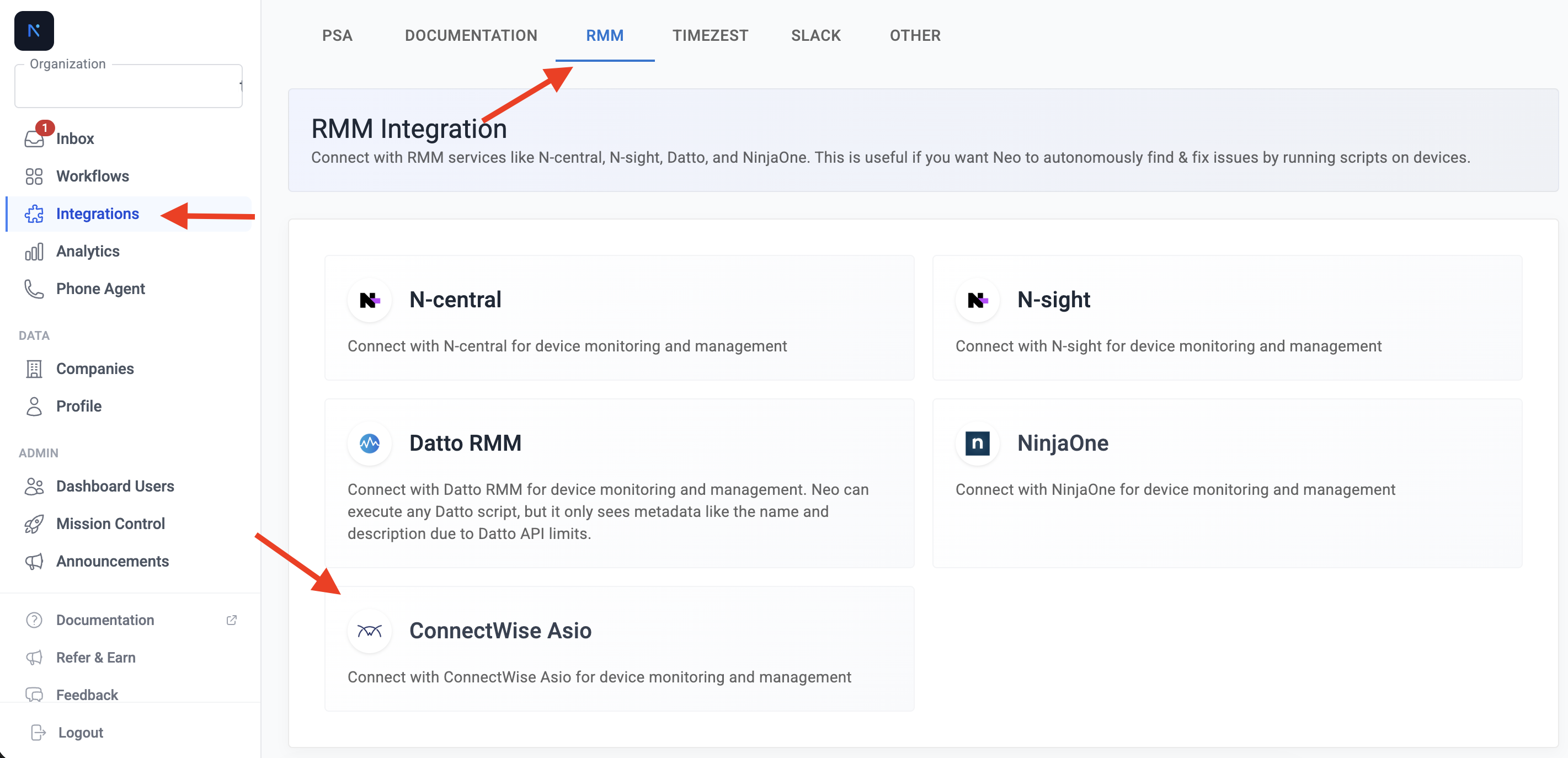 Neo Agent dashboard showing Integrations menu with RMM tab selected and ConnectWise Asio option visible