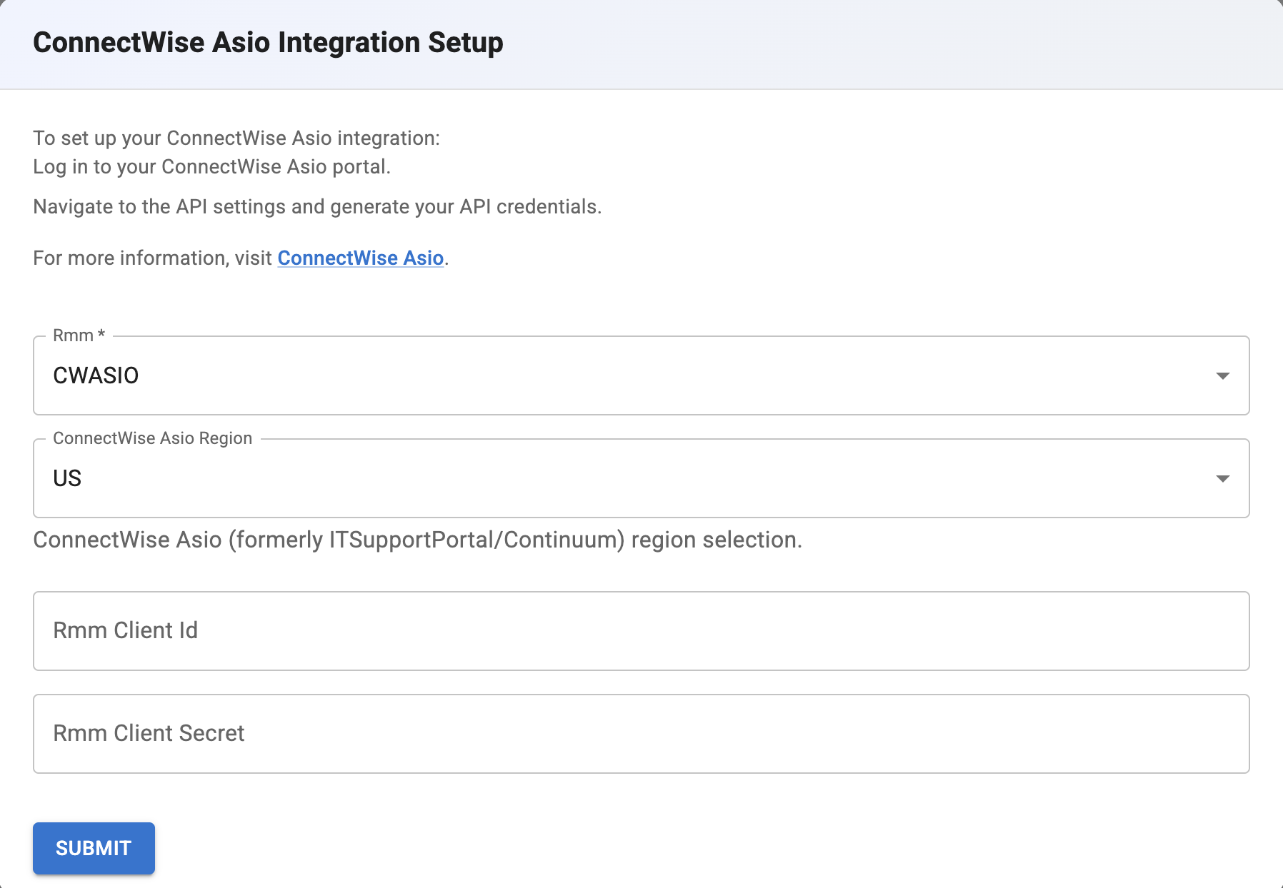 ConnectWise Asio Integration Setup form showing region dropdown and credential fields