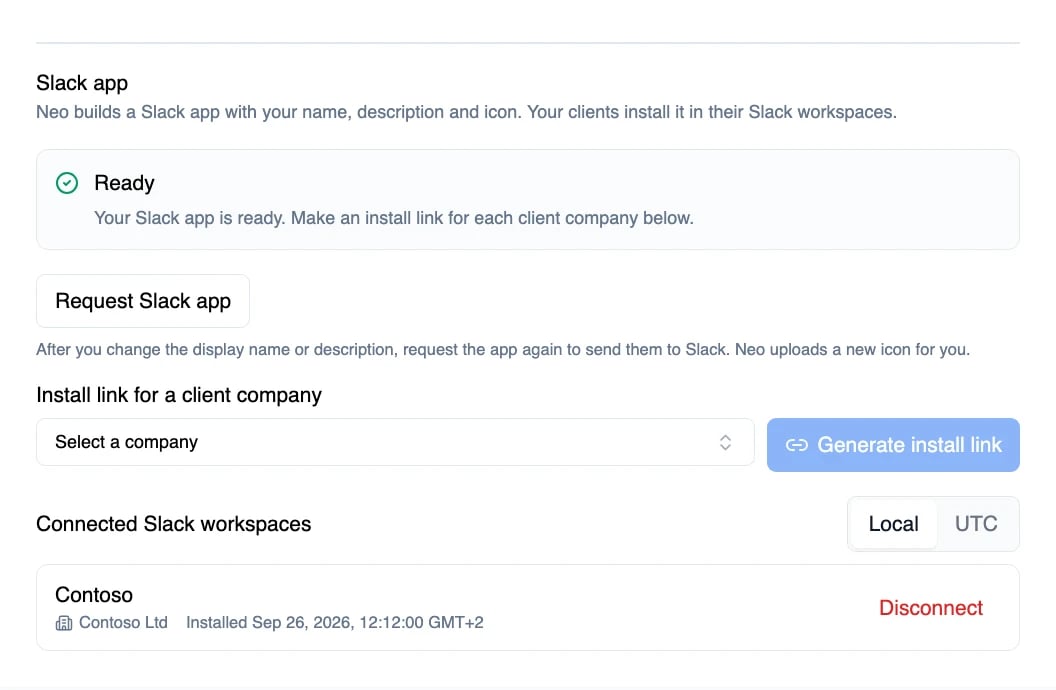 The Slack app section of a Slack channel's page: the Ready status, the Request Slack app button, the install link company picker with Generate install link, and one connected Slack workspace linked to its company, with a Disconnect button