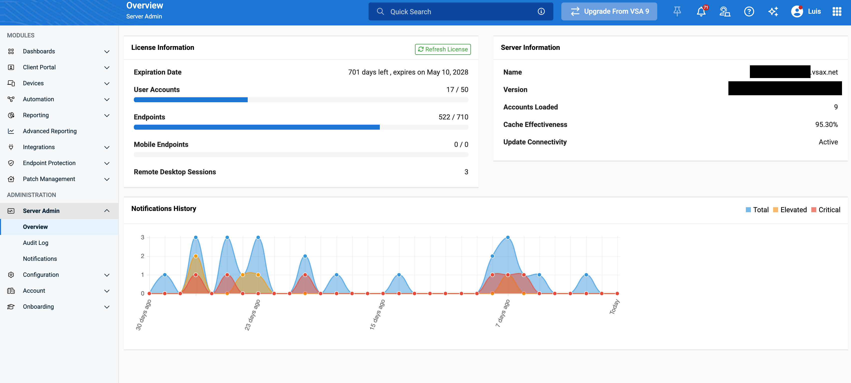 VSA X server details page showing the tenant URL and product version