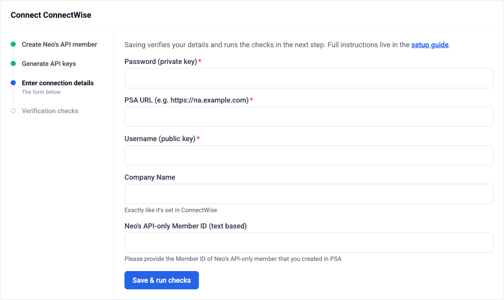 ConnectWise connection form in the Neo Agent dashboard