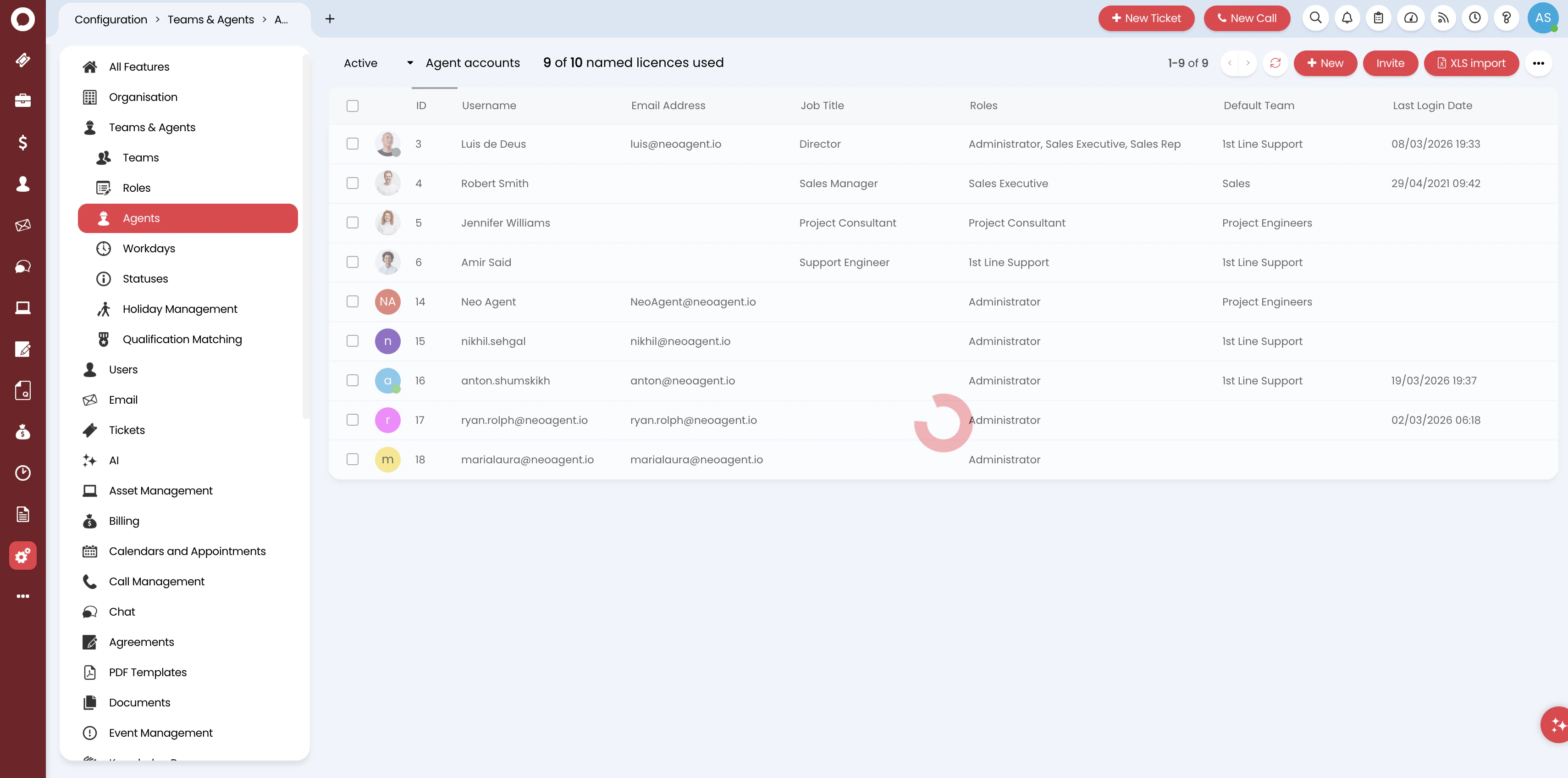 HaloPSA Agents list under Configuration → Teams & Agents → Agents