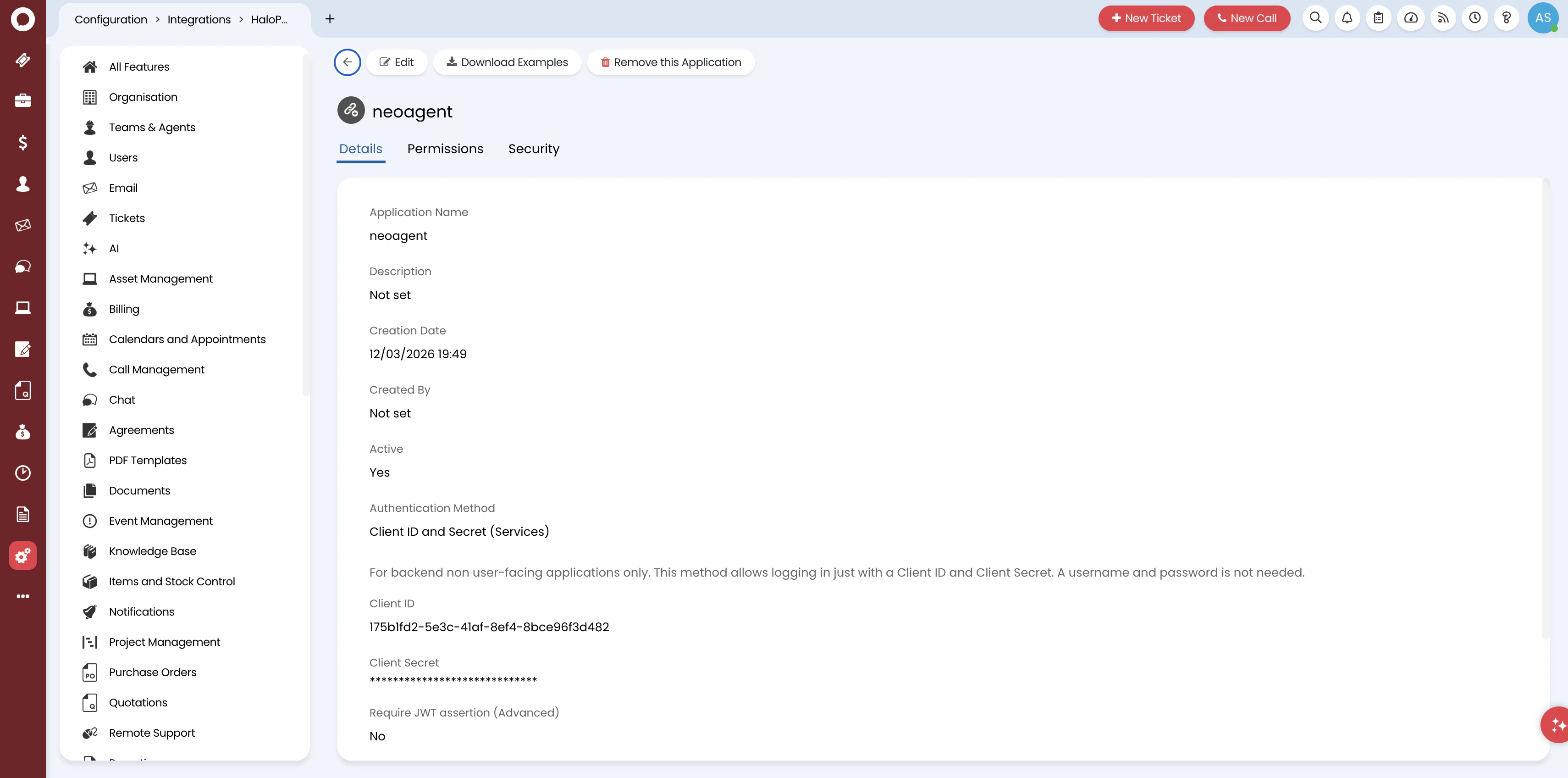 API application details showing Client ID and Client Secret