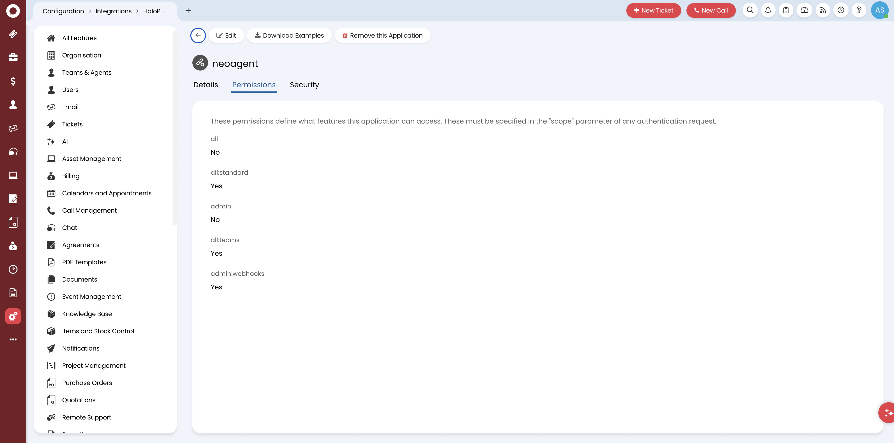API application permissions showing OAuth scopes