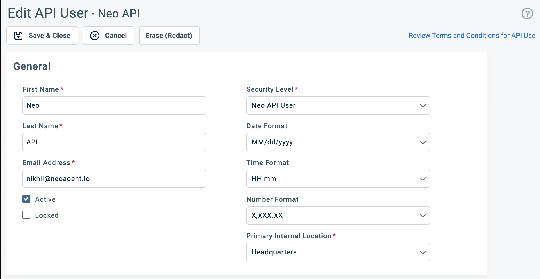 Create a new API member and assign the newly created 'Neo API User' security level to it