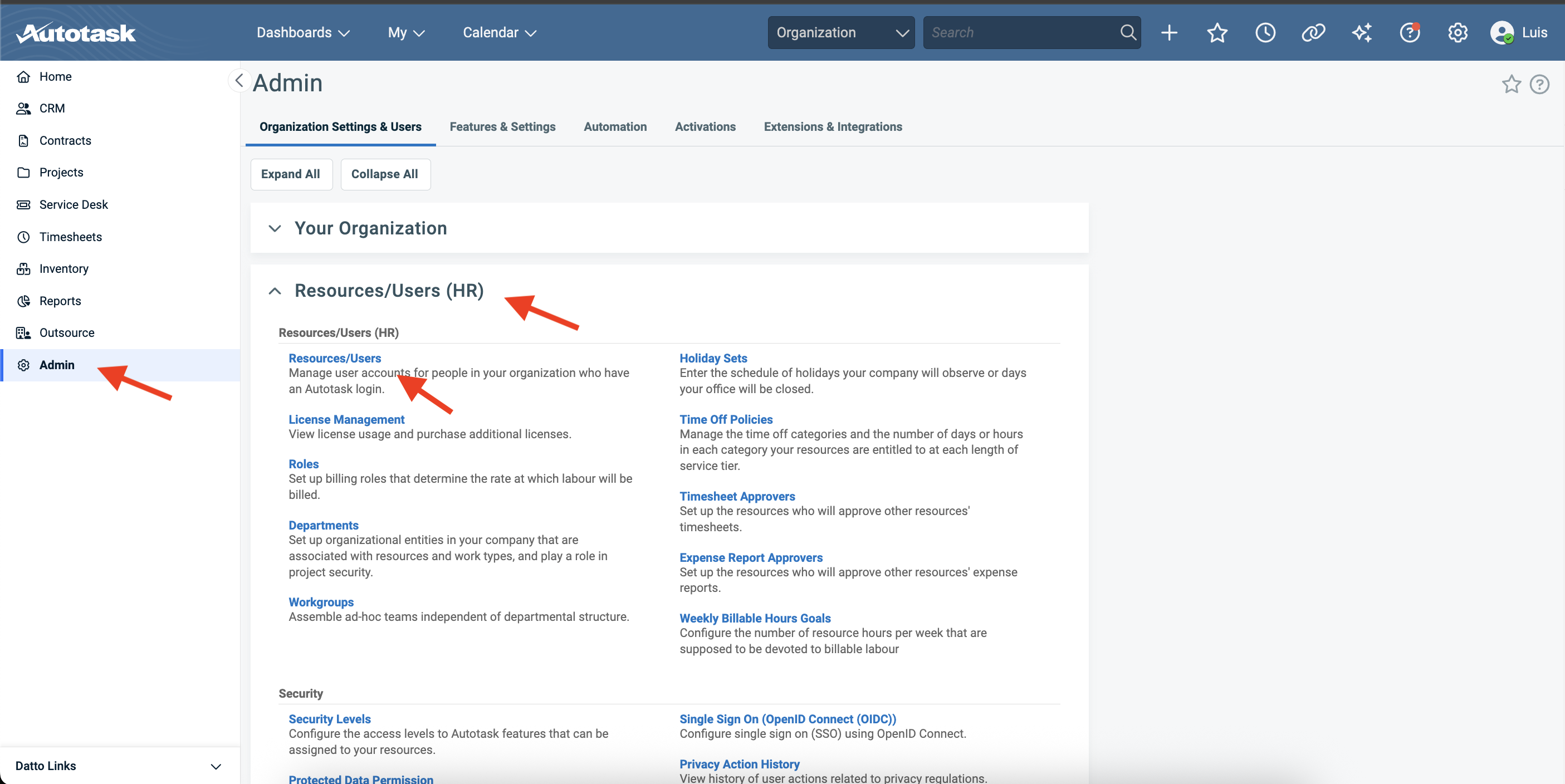Navigate to Resources/Users (HR) section in Autotask