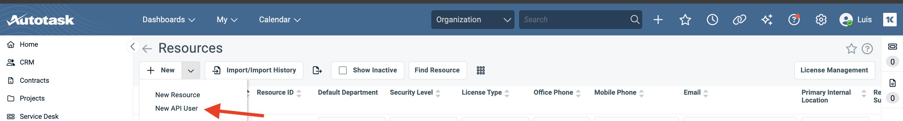 Select API member option in Autotask