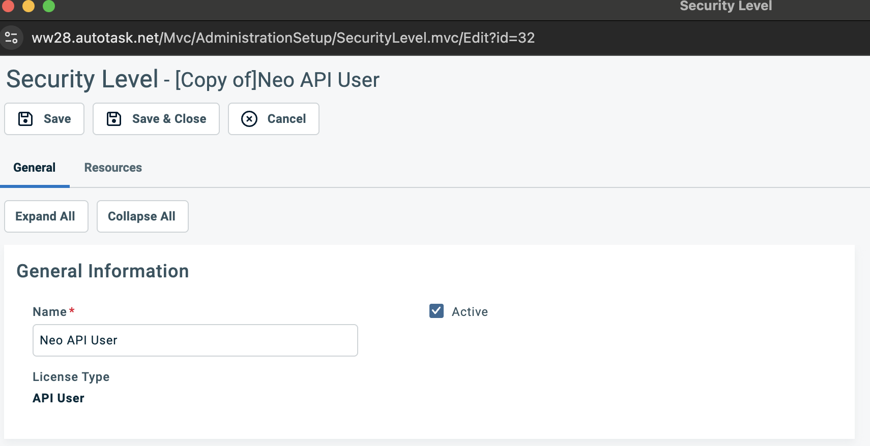 Name the security level 'Neo API User'