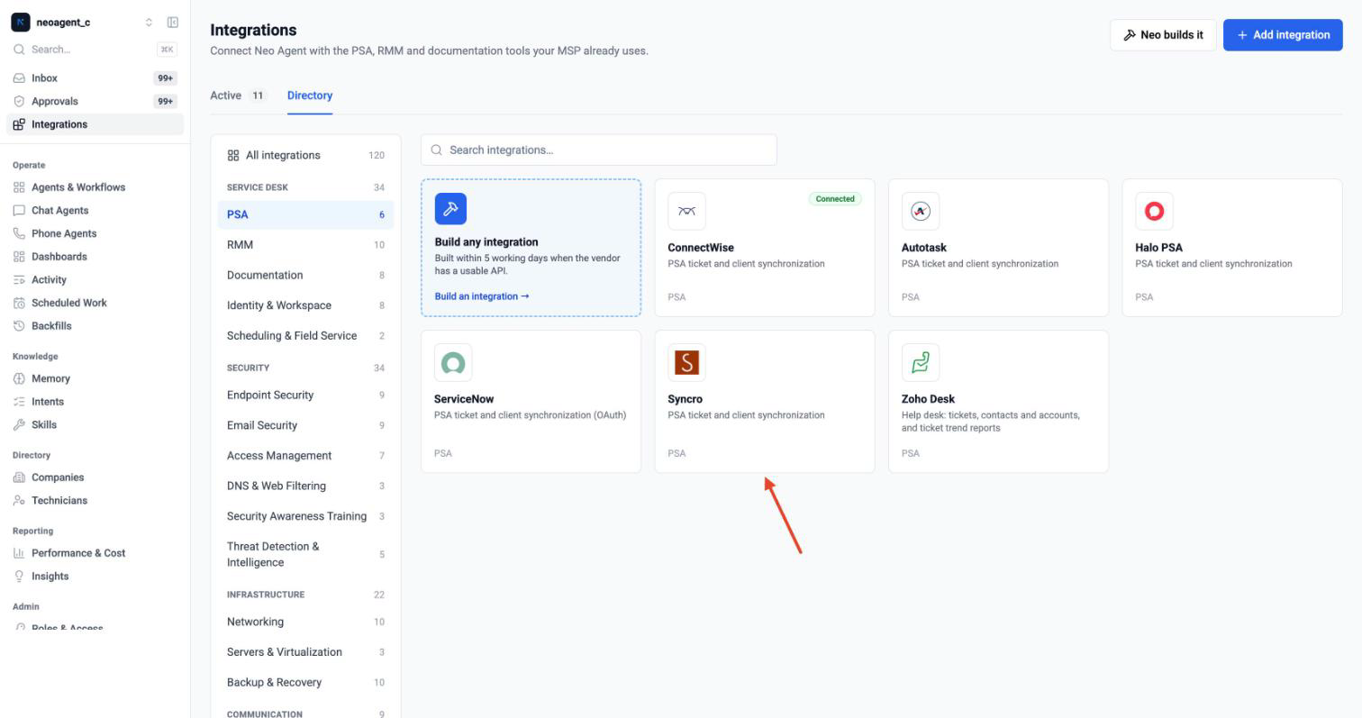 Syncro in the Neo integrations directory