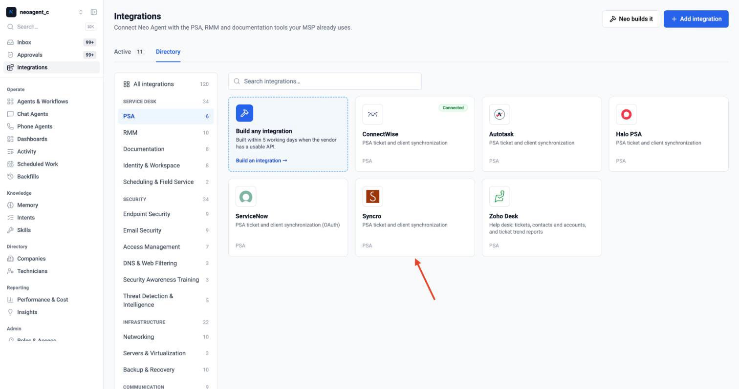 Syncro in the Neo integrations directory
