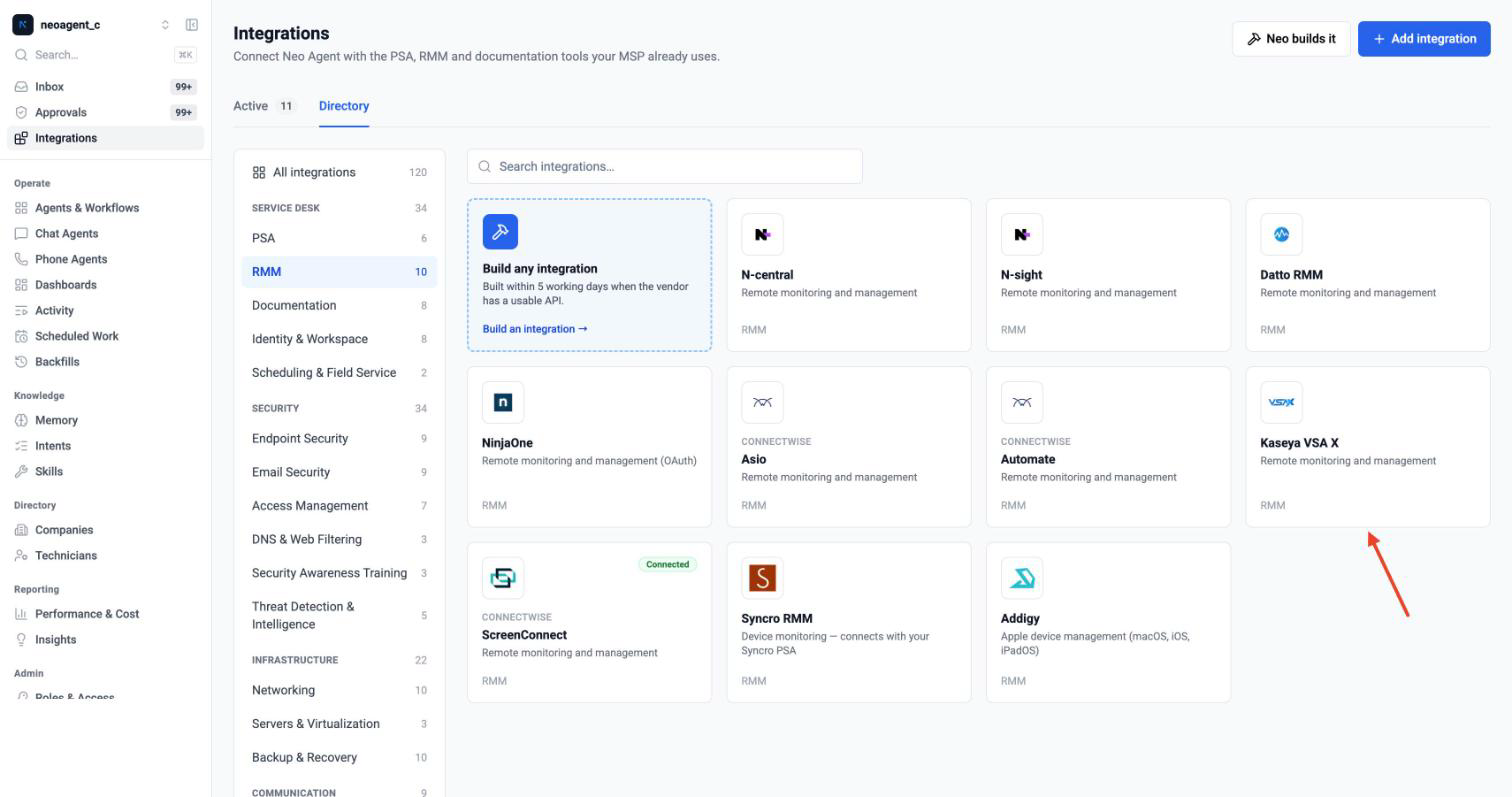 Neo Agent Integrations directory filtered to RMM, with the Kaseya VSA X tile