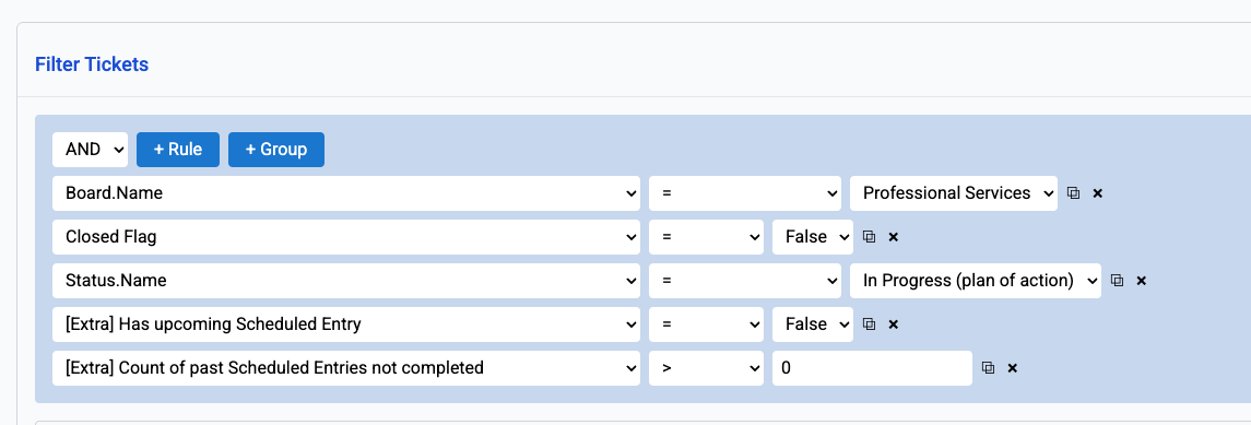 Filter configuration for incomplete scheduled work