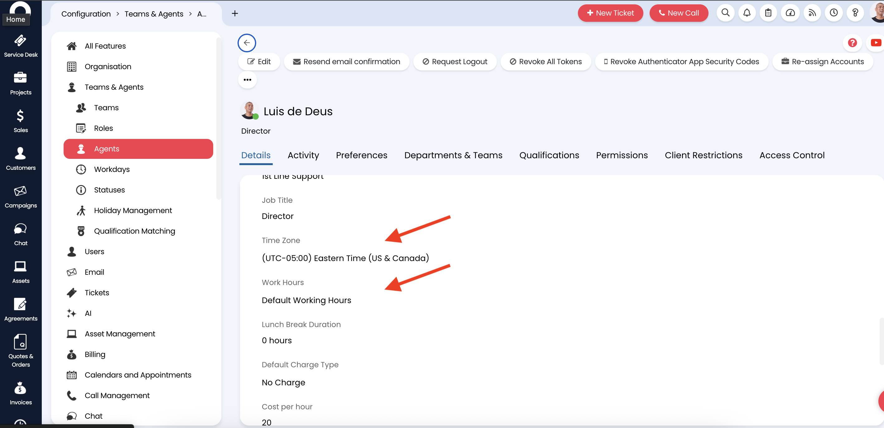 Halo agent profile showing Time Zone and Work Hours configuration