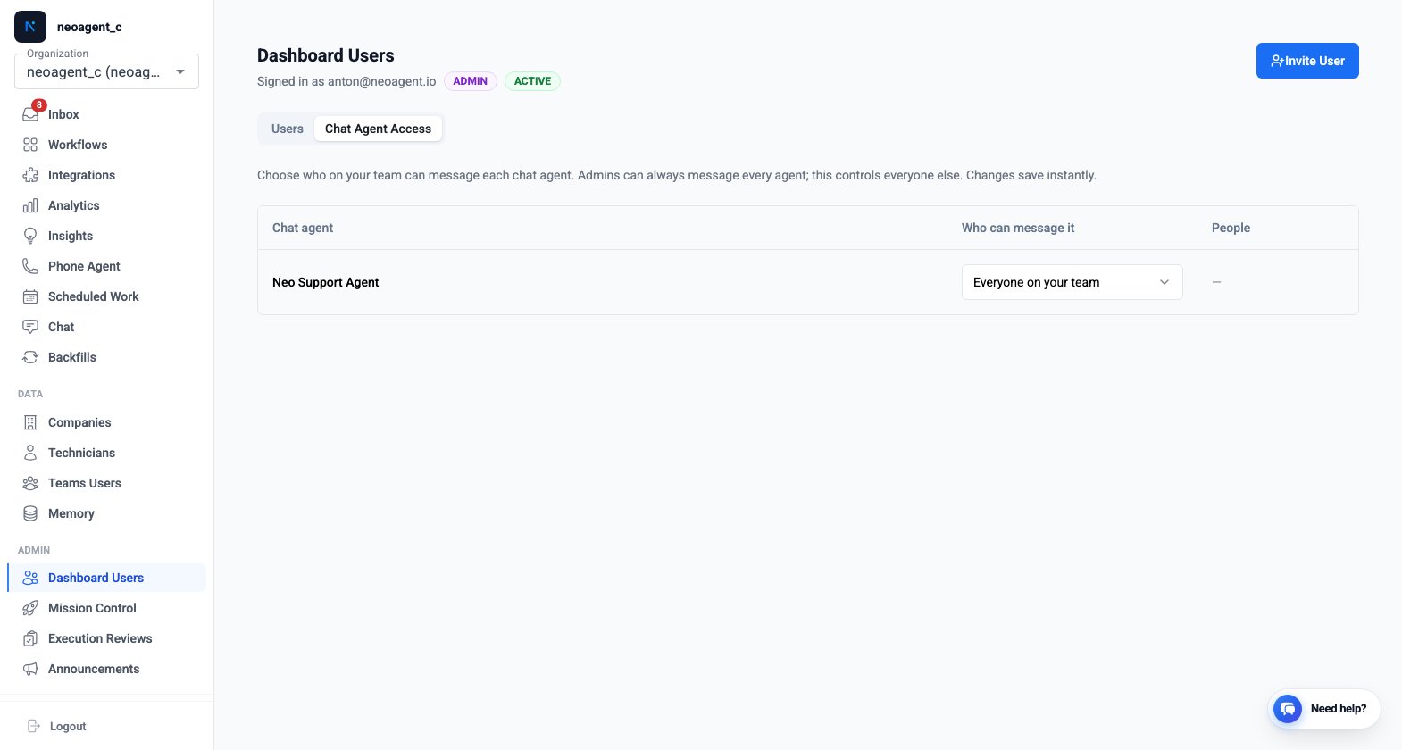 Chat Agent Access tab listing each chat agent in a table with a 'Who can message it' dropdown and a People column