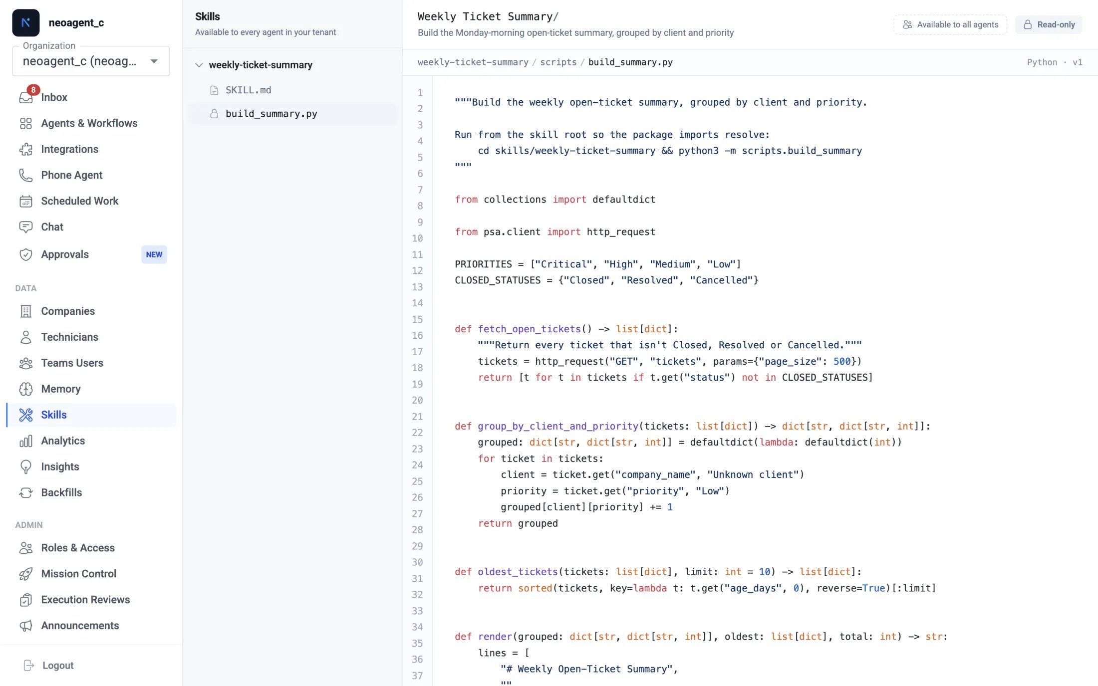 A skill's Python script open in the read-only code viewer, with line numbers, syntax highlighting, and a 'Read-only' chip in the top bar instead of a Save button.