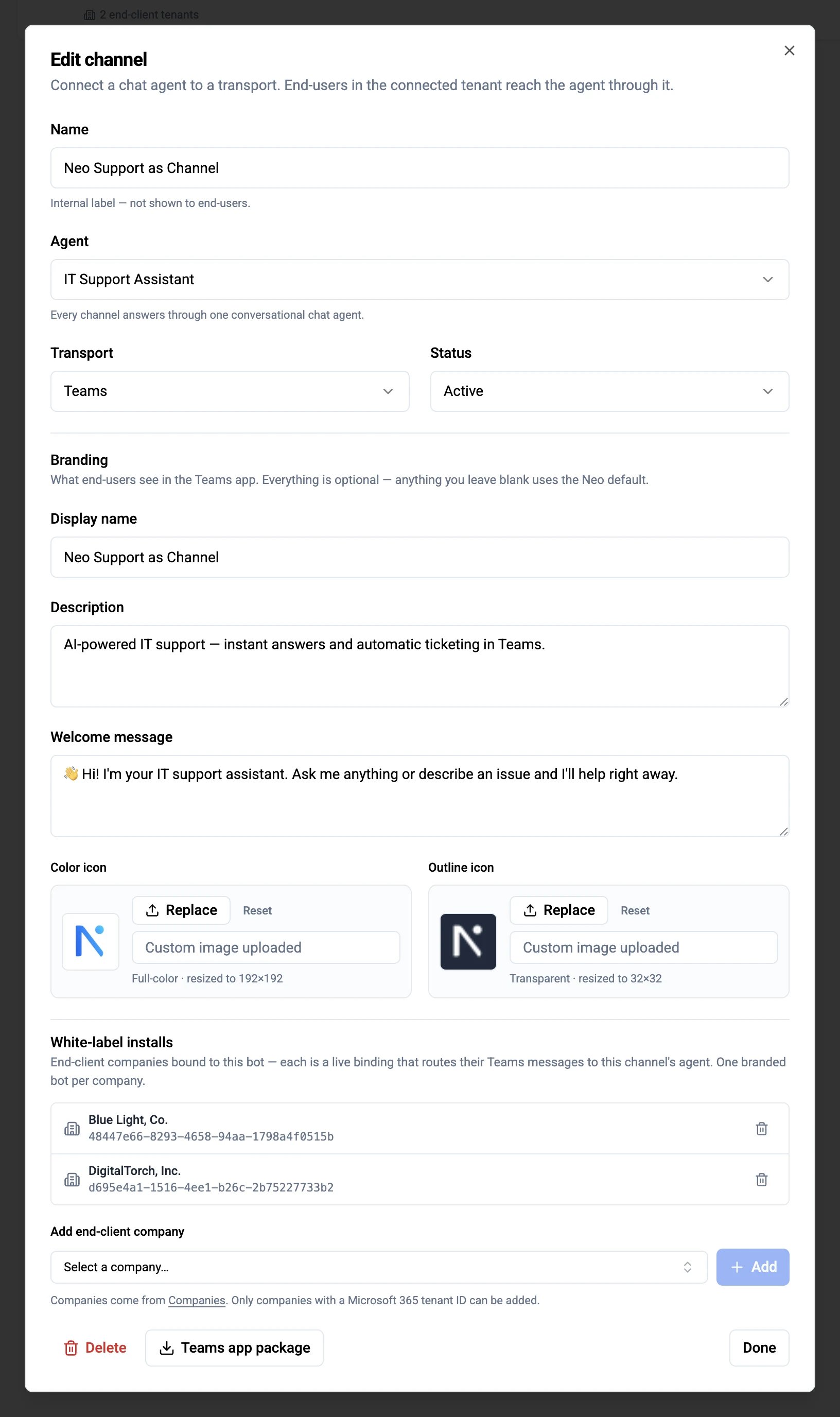The channel edit dialog — agent, Teams transport, status, the Branding section, and the White-label installs section