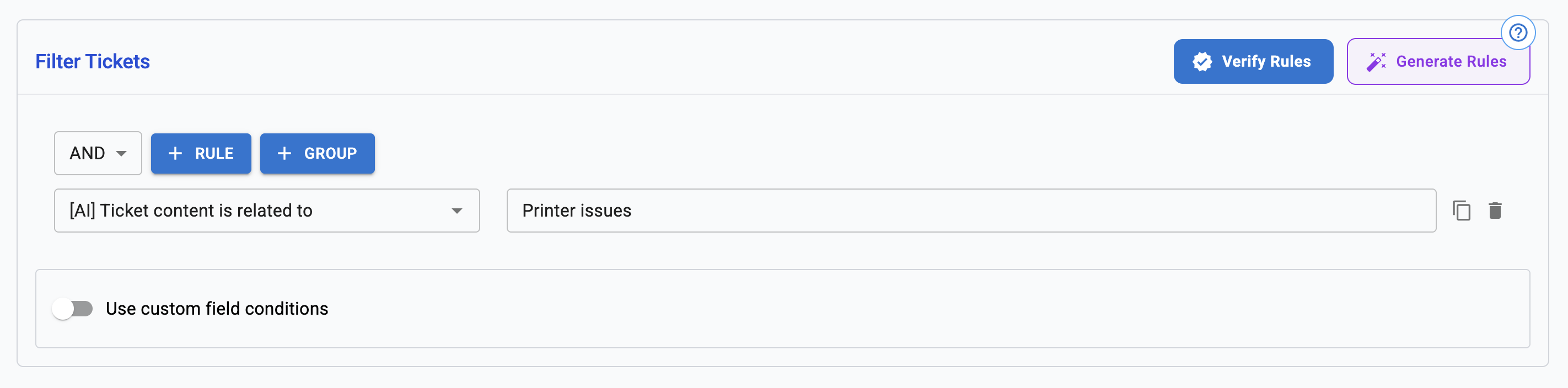 AI filter configuration for tickets