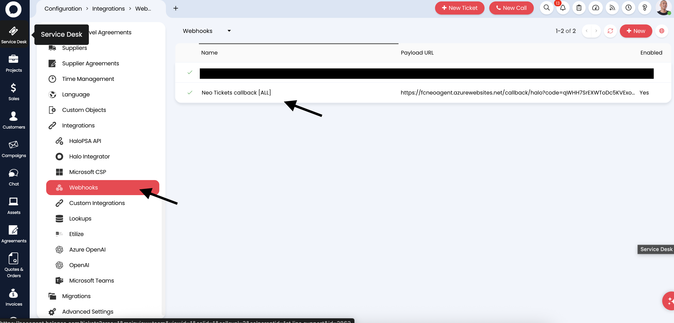 HaloPSA Webhooks navigation showing the Configuration → Integrations → Webhooks menu path and the Neo Tickets callback webhook