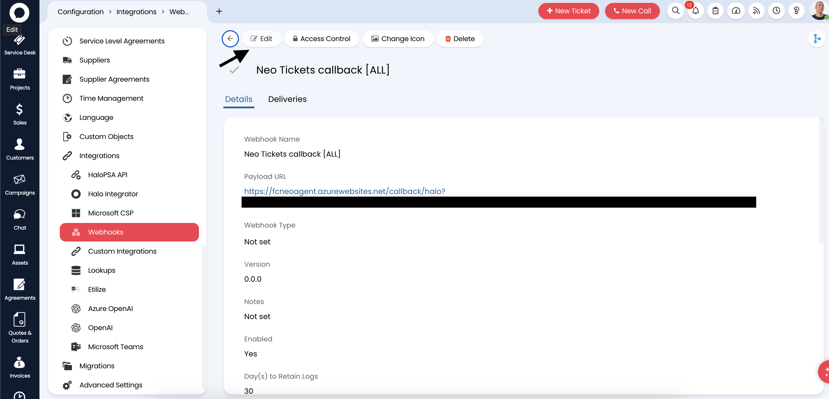 Webhook configuration details showing name, payload URL, and settings