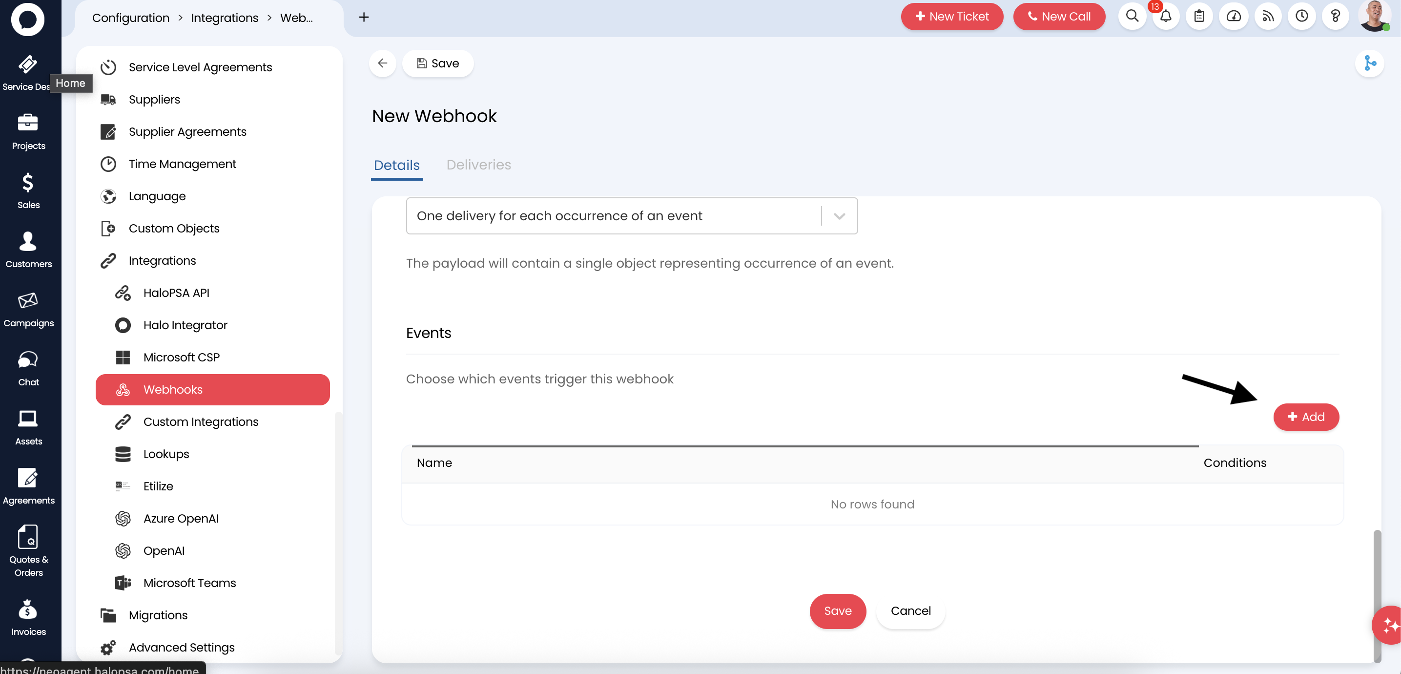 Webhook edit page showing the Events section with Add button