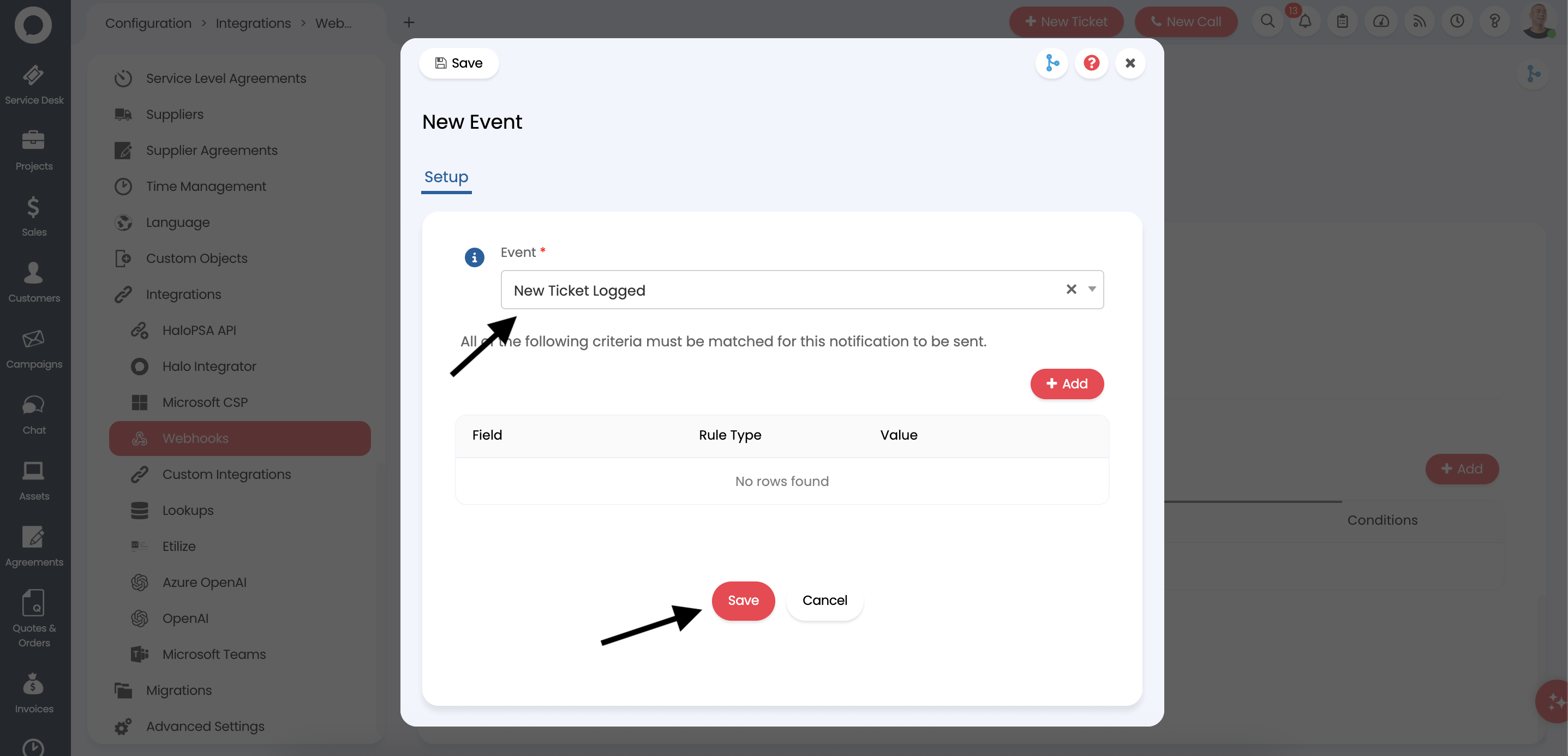 Adding New Ticket Logged event configuration