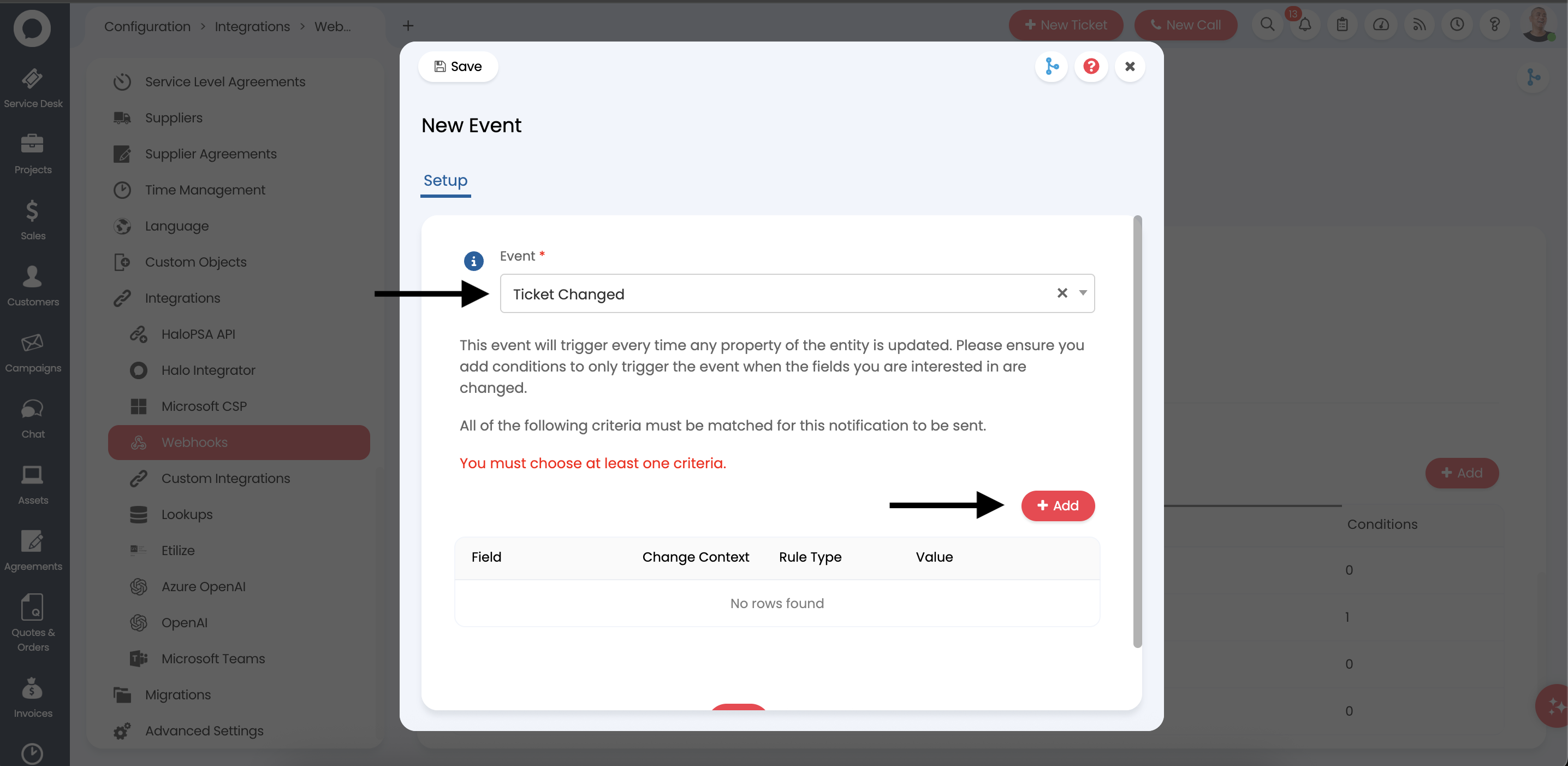 Ticket Changed event showing the requirement for criteria
